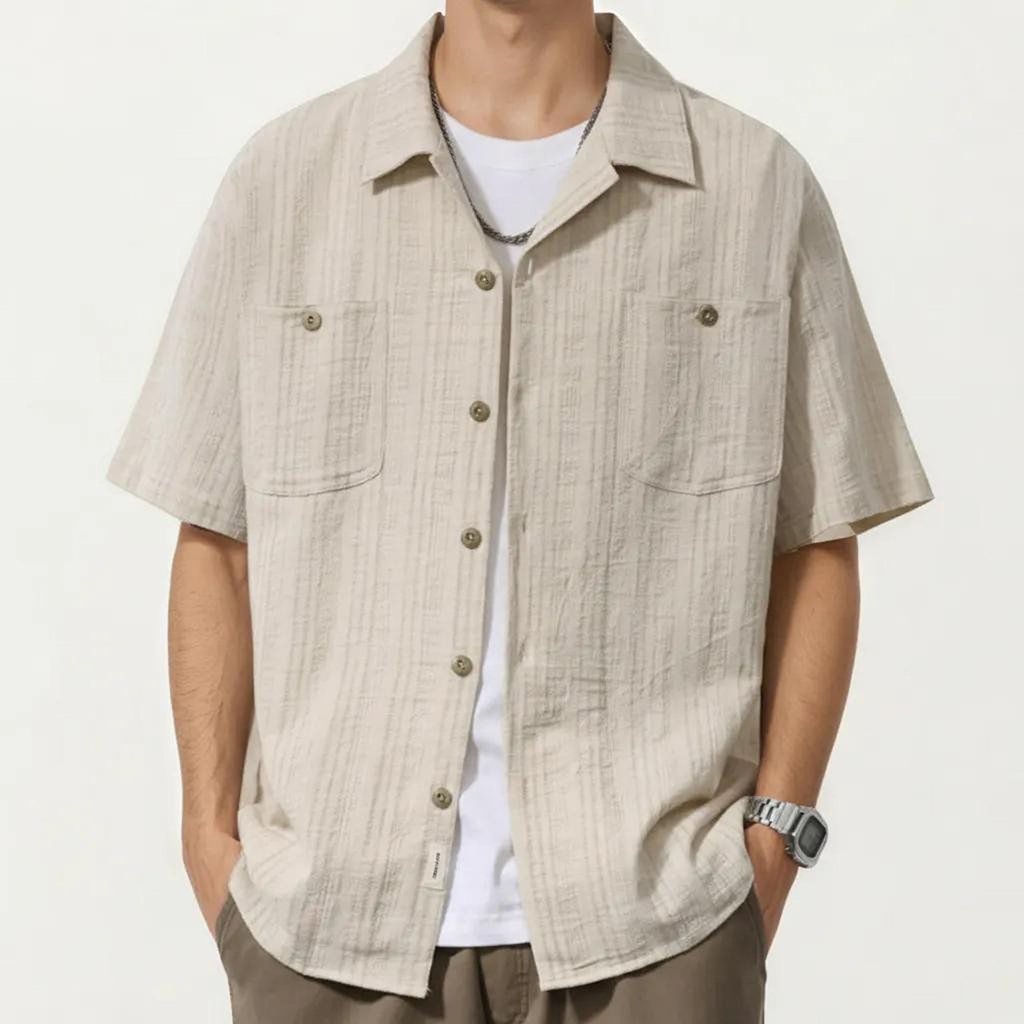 Anna-Kaci Men's Short Sleeve Button-Up Shirt with Textured Fabric and Dual Chest Pockets
