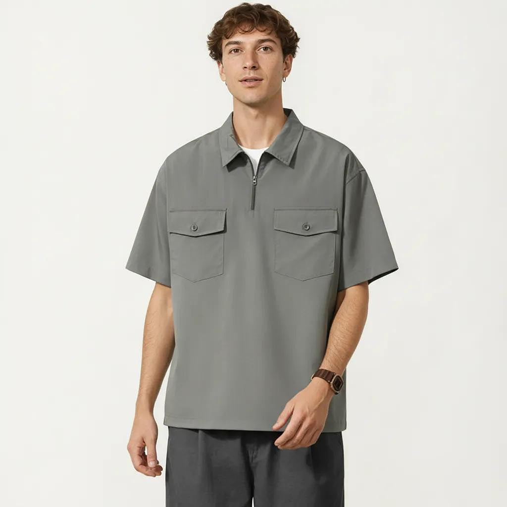 Anna-Kaci Men's Short Sleeve Half Zip Utility Shirt with Chest Pockets