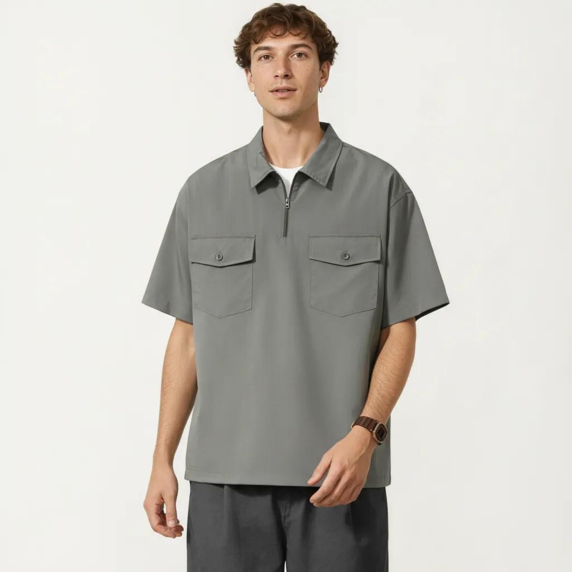 Anna-Kaci Men's Short Sleeve Half Zip Utility Shirt with Chest Pockets