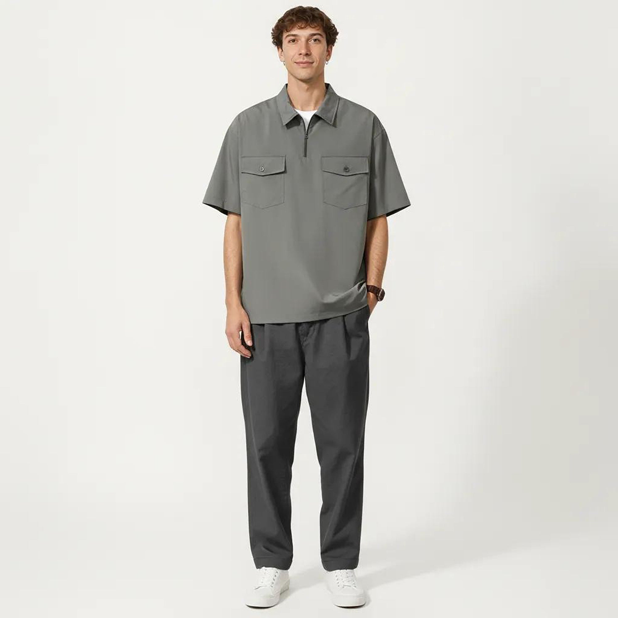 Anna-Kaci Men's Short Sleeve Half Zip Utility Shirt with Chest Pockets
