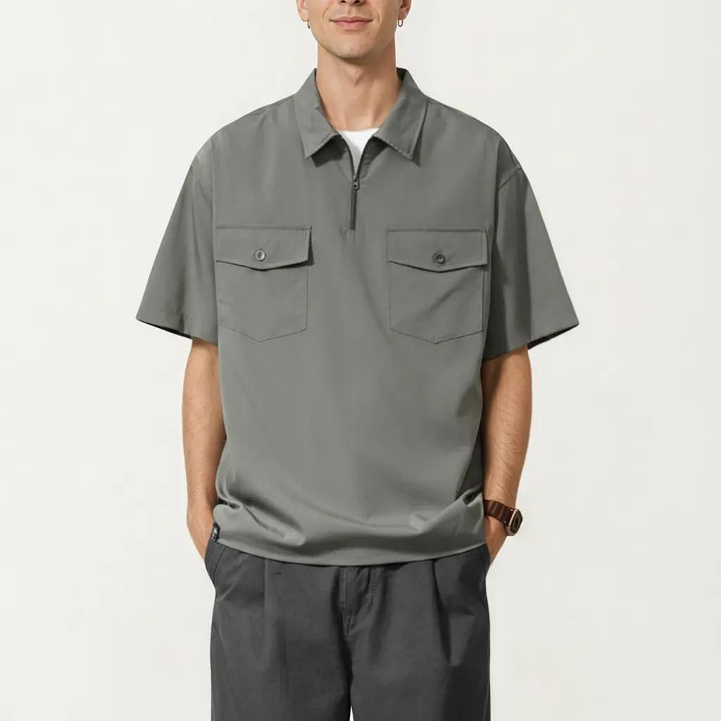 Anna-Kaci Men's Short Sleeve Half Zip Utility Shirt with Chest Pockets