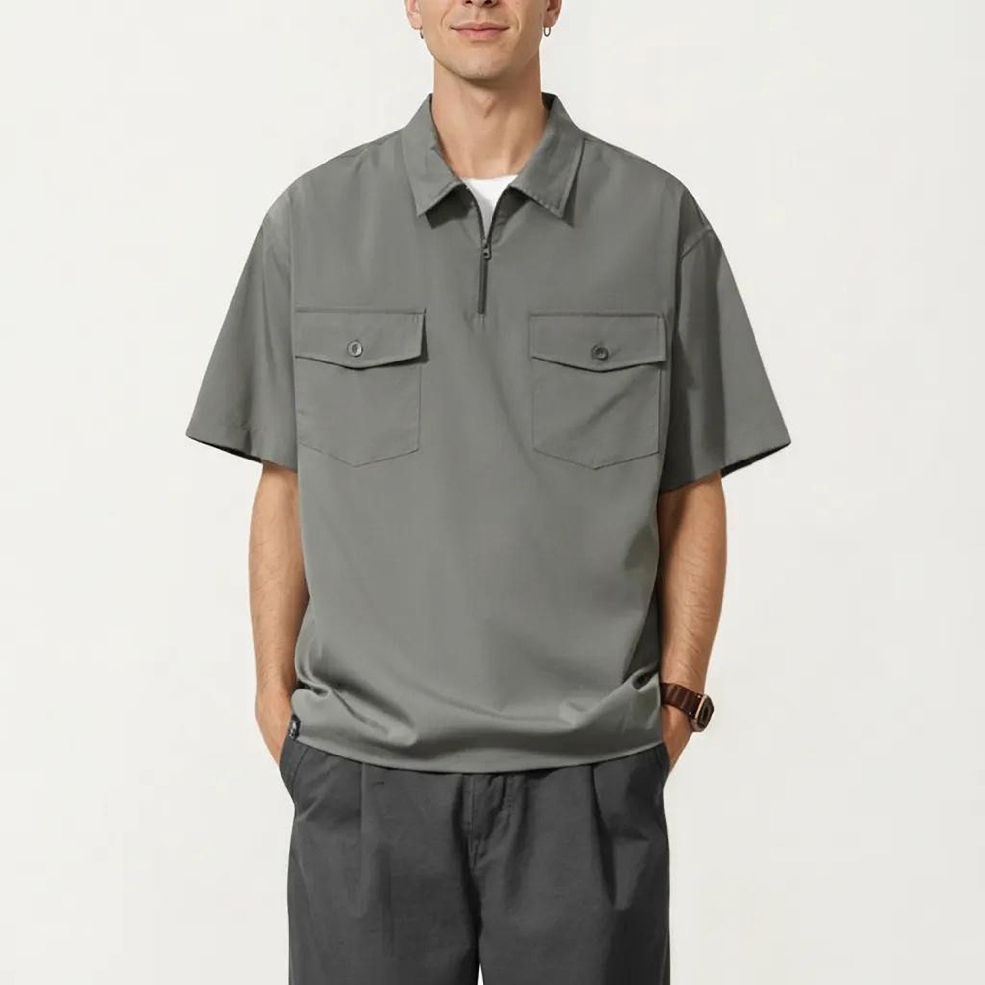 Anna-Kaci Men's Short Sleeve Half Zip Utility Shirt with Chest Pockets