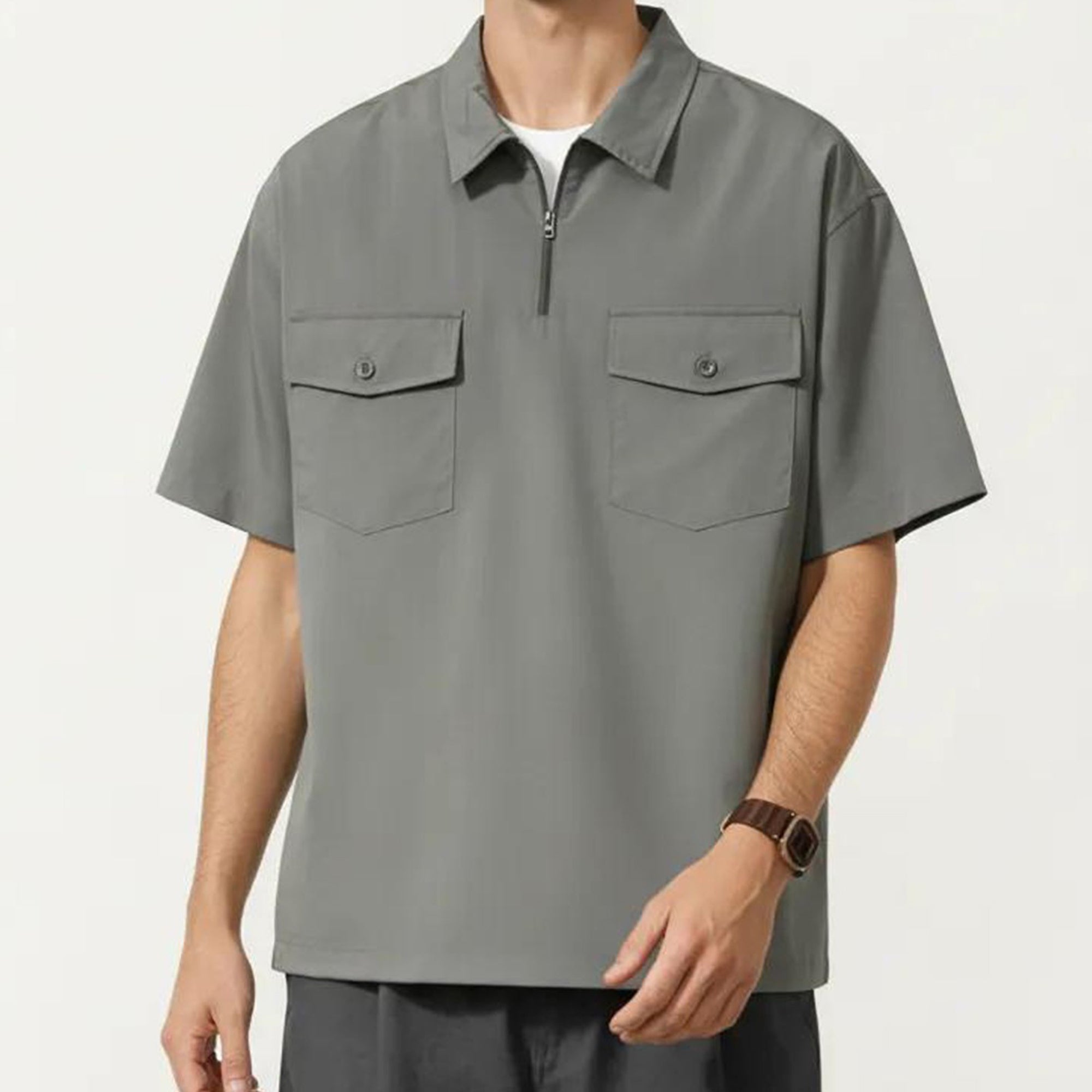 Anna-Kaci Men's Short Sleeve Half Zip Utility Shirt with Chest Pockets