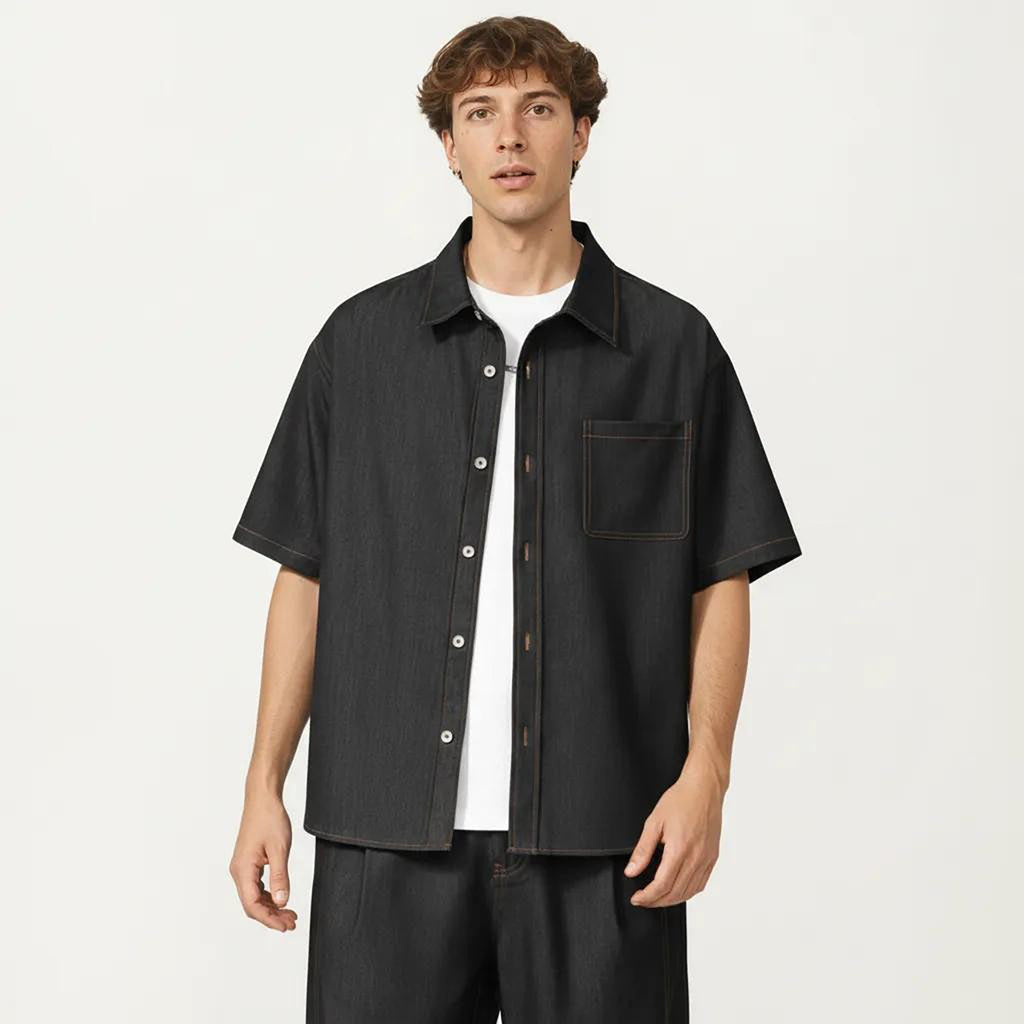 Anna-Kaci Men's Short Sleeve Button Front Shirt with Chest Pocket and Relaxed Fit