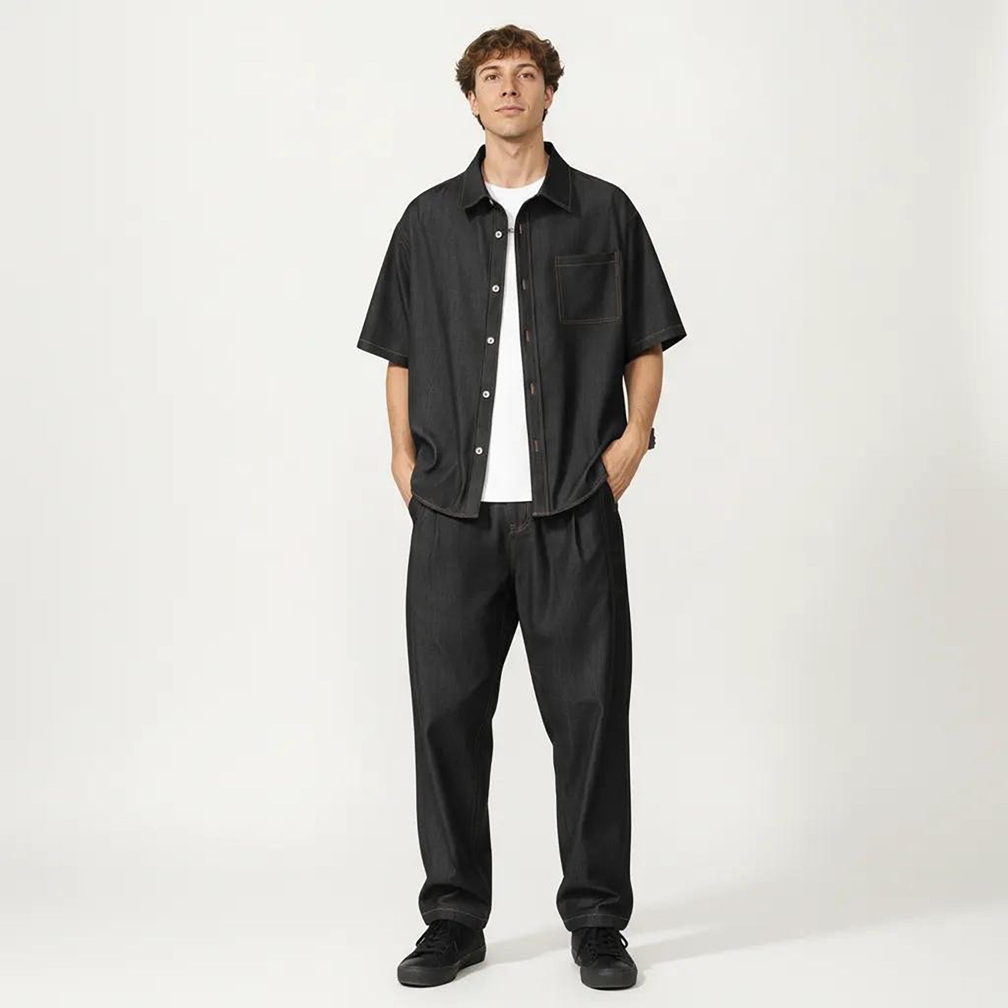 Anna-Kaci Men's Short Sleeve Button Front Shirt with Chest Pocket and Relaxed Fit
