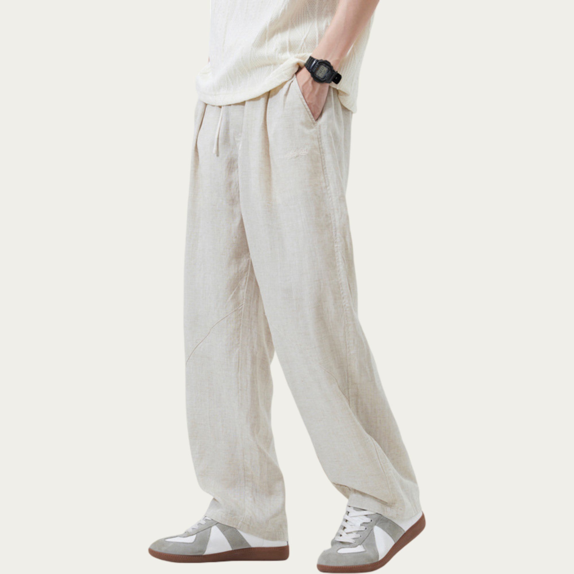 Anna-Kaci Men's Drawstring Waist Relaxed Fit Woven Pants with Seam Detailing