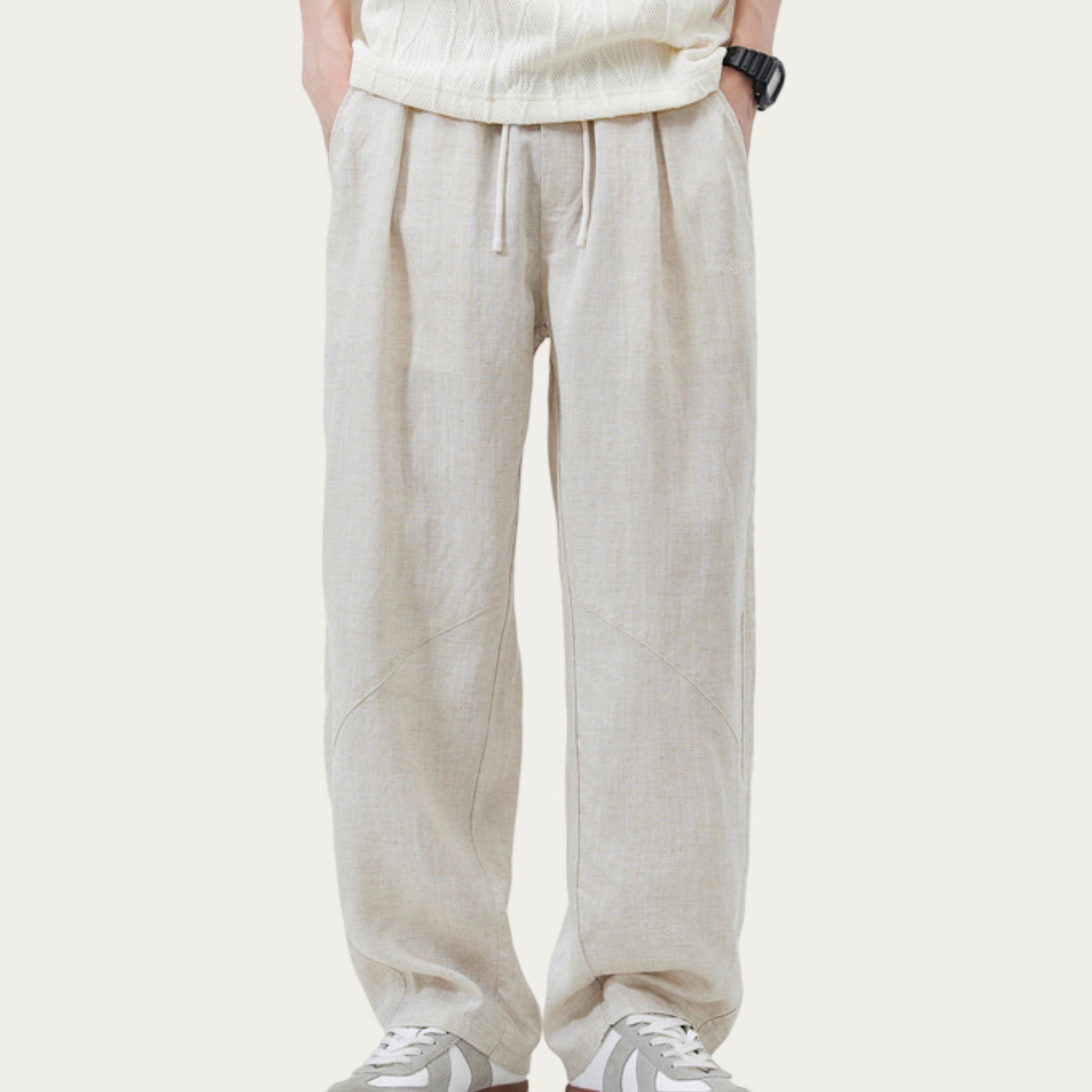 Anna-Kaci Men's Drawstring Waist Relaxed Fit Woven Pants with Seam Detailing