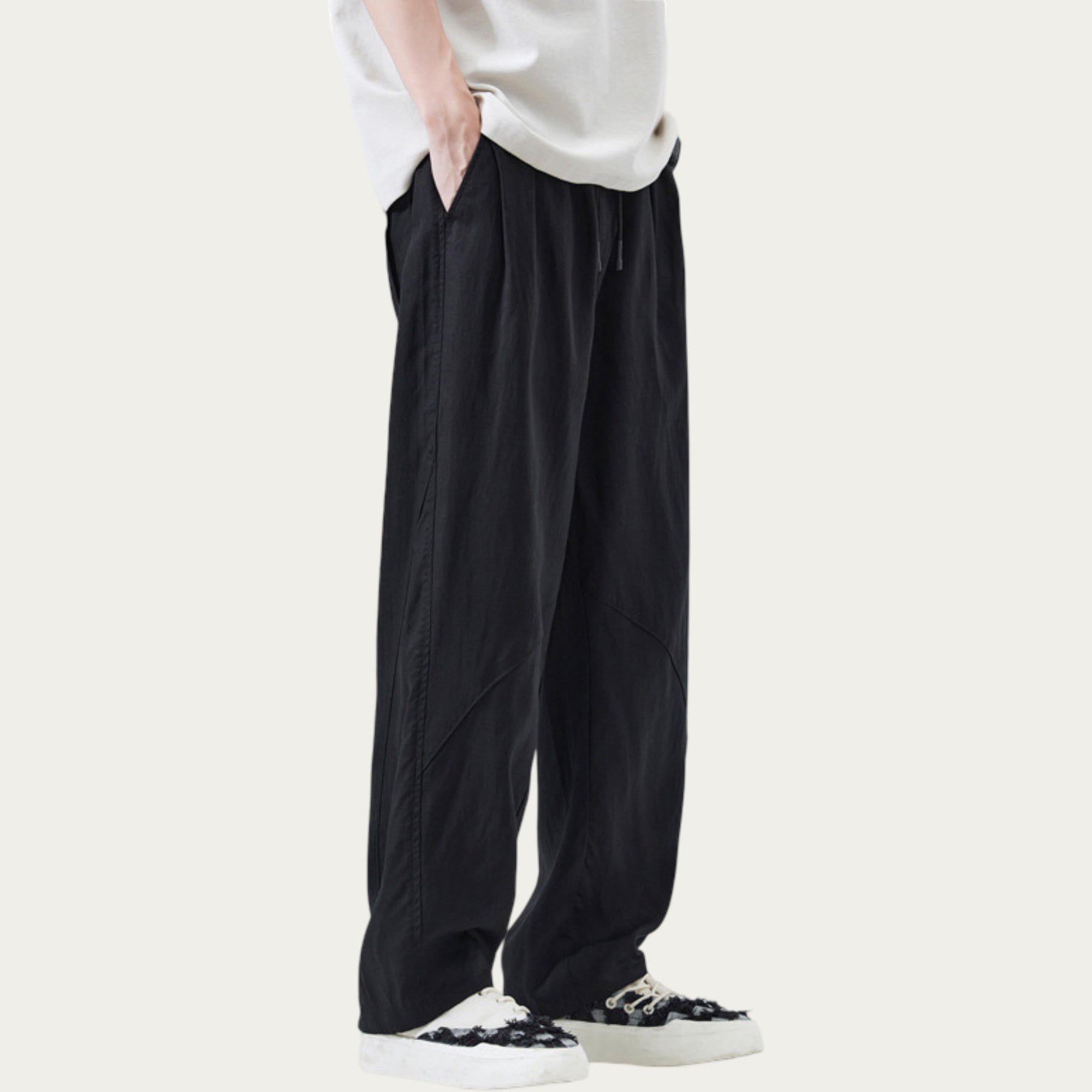 Anna-Kaci Men's Drawstring Waist Relaxed Fit Woven Pants with Seam Detailing