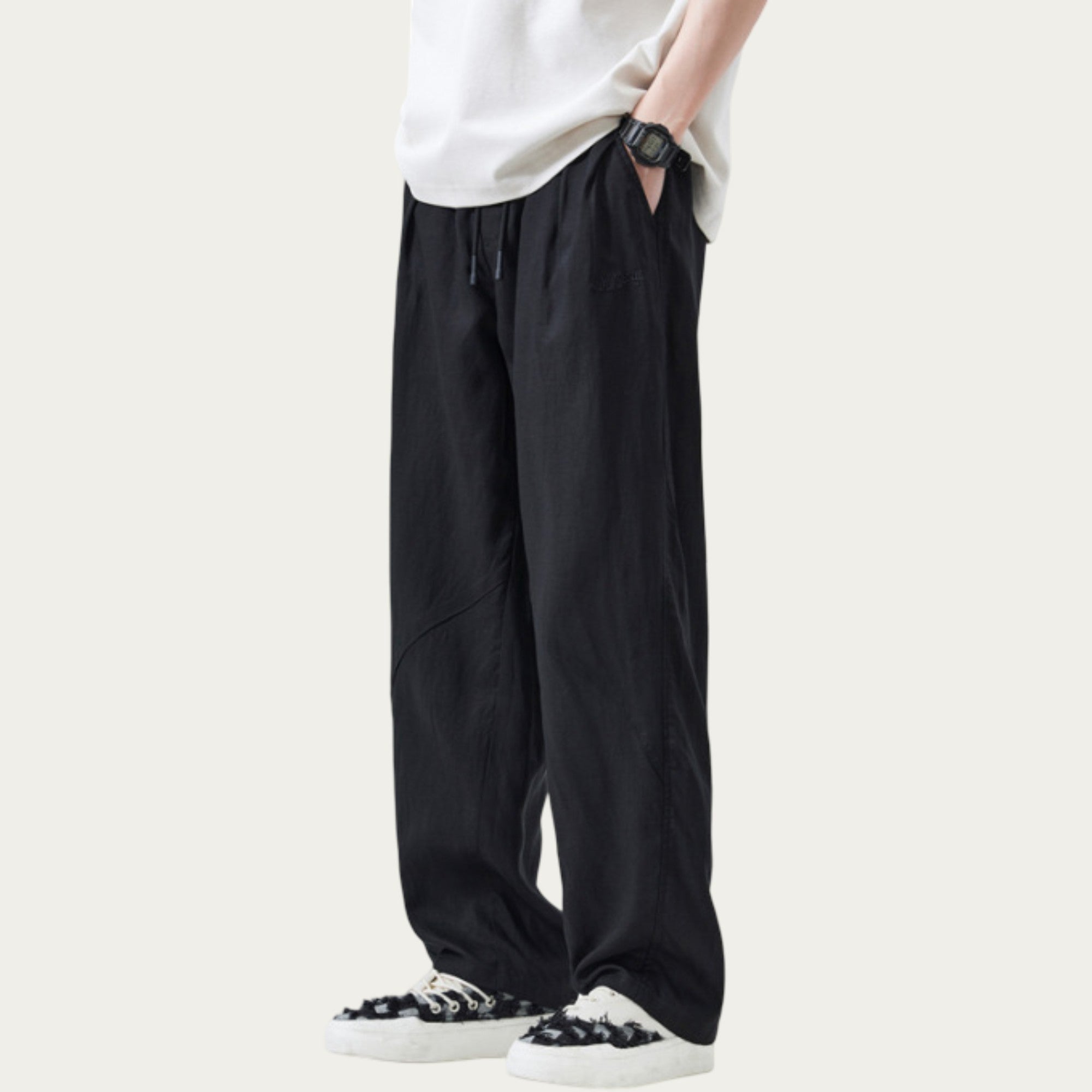 Anna-Kaci Men's Drawstring Waist Relaxed Fit Woven Pants with Seam Detailing
