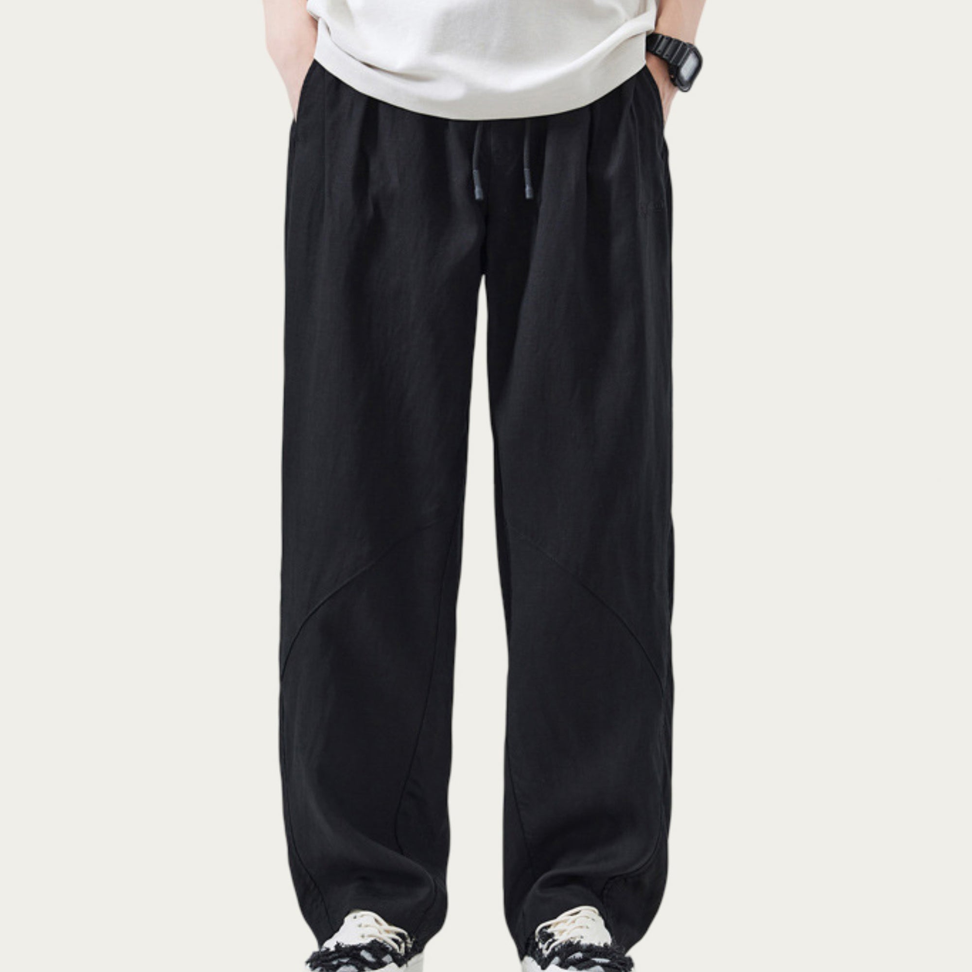 Anna-Kaci Men's Drawstring Waist Relaxed Fit Woven Pants with Seam Detailing
