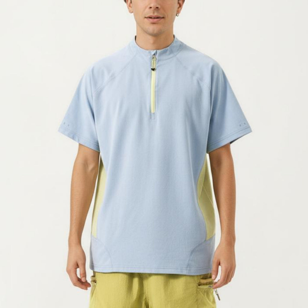 Anna-Kaci Men's Short Sleeve Athletic T-Shirt with Half Zip Mock Neck Contrast Panels Breathable Lightweight