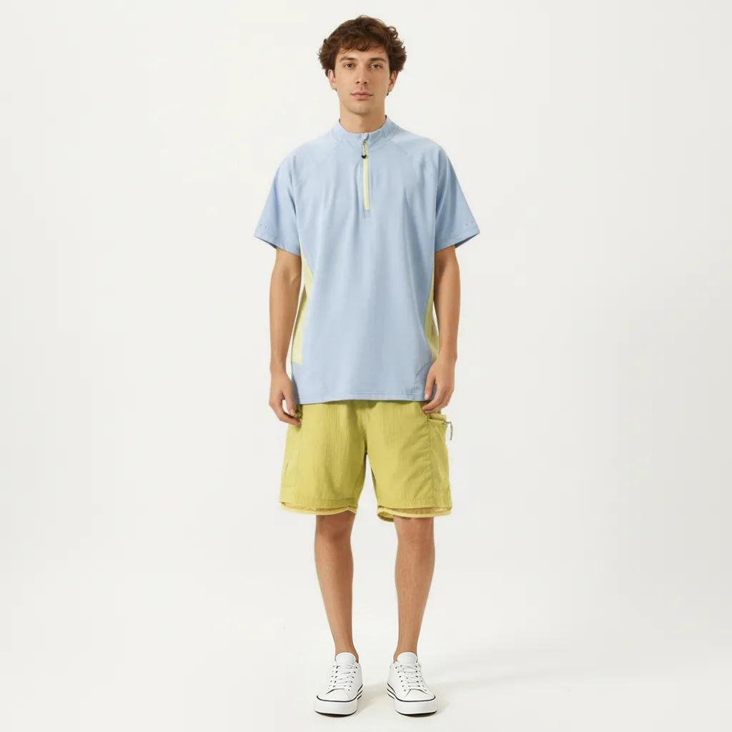 Anna-Kaci Men's Short Sleeve Athletic T-Shirt with Half Zip Mock Neck Contrast Panels Breathable Lightweight