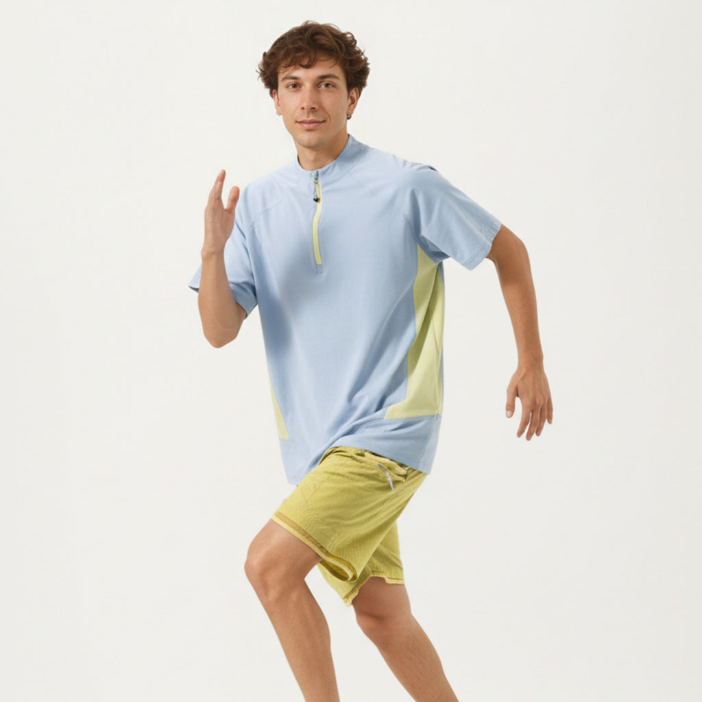 Anna-Kaci Men's Short Sleeve Athletic T-Shirt with Half Zip Mock Neck Contrast Panels Breathable Lightweight