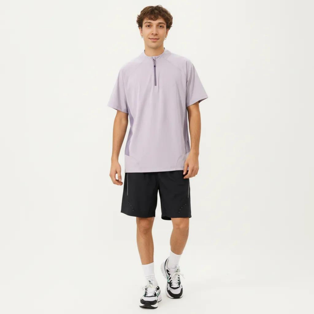 Anna-Kaci Men's Short Sleeve Athletic T-Shirt with Half Zip Mock Neck Contrast Panels Breathable Lightweight
