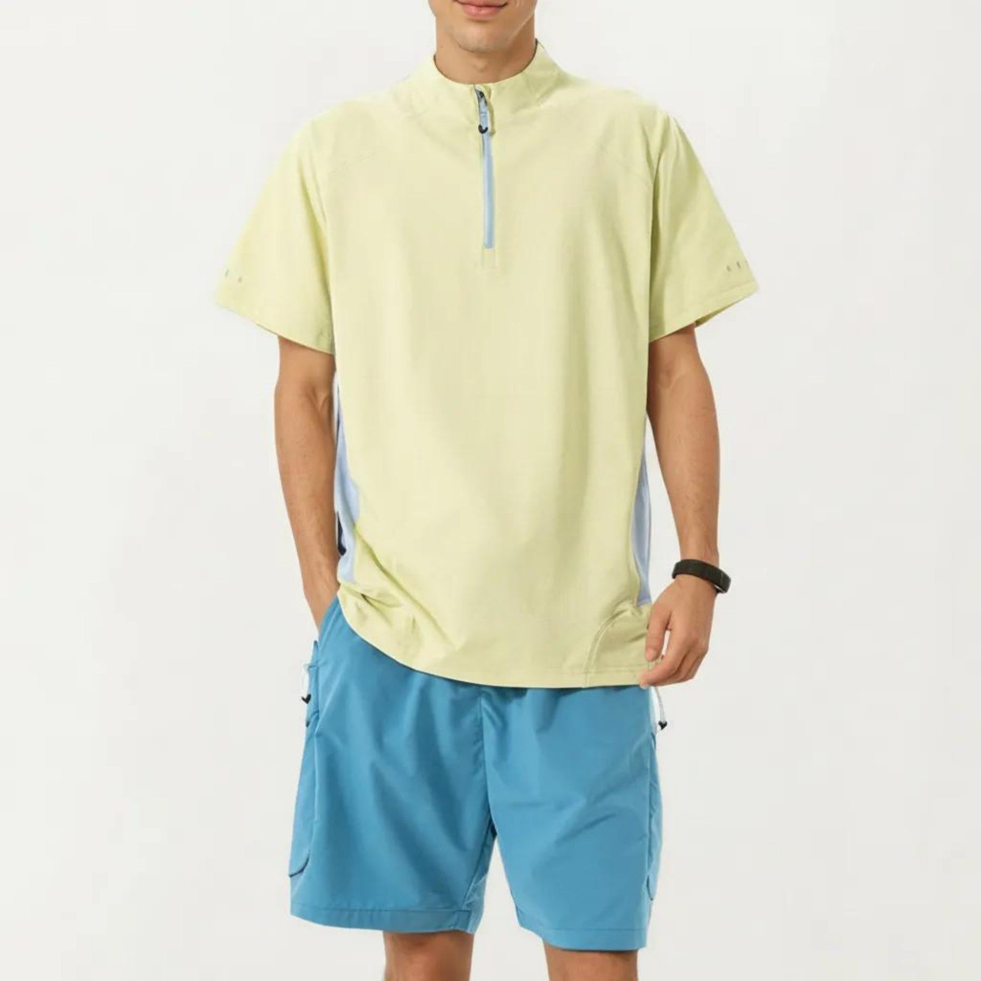 Anna-Kaci Men's Short Sleeve Athletic T-Shirt with Half Zip Mock Neck Contrast Panels Breathable Lightweight