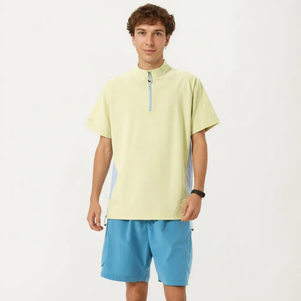 Anna-Kaci Men's Short Sleeve Athletic T-Shirt with Half Zip Mock Neck Contrast Panels Breathable Lightweight