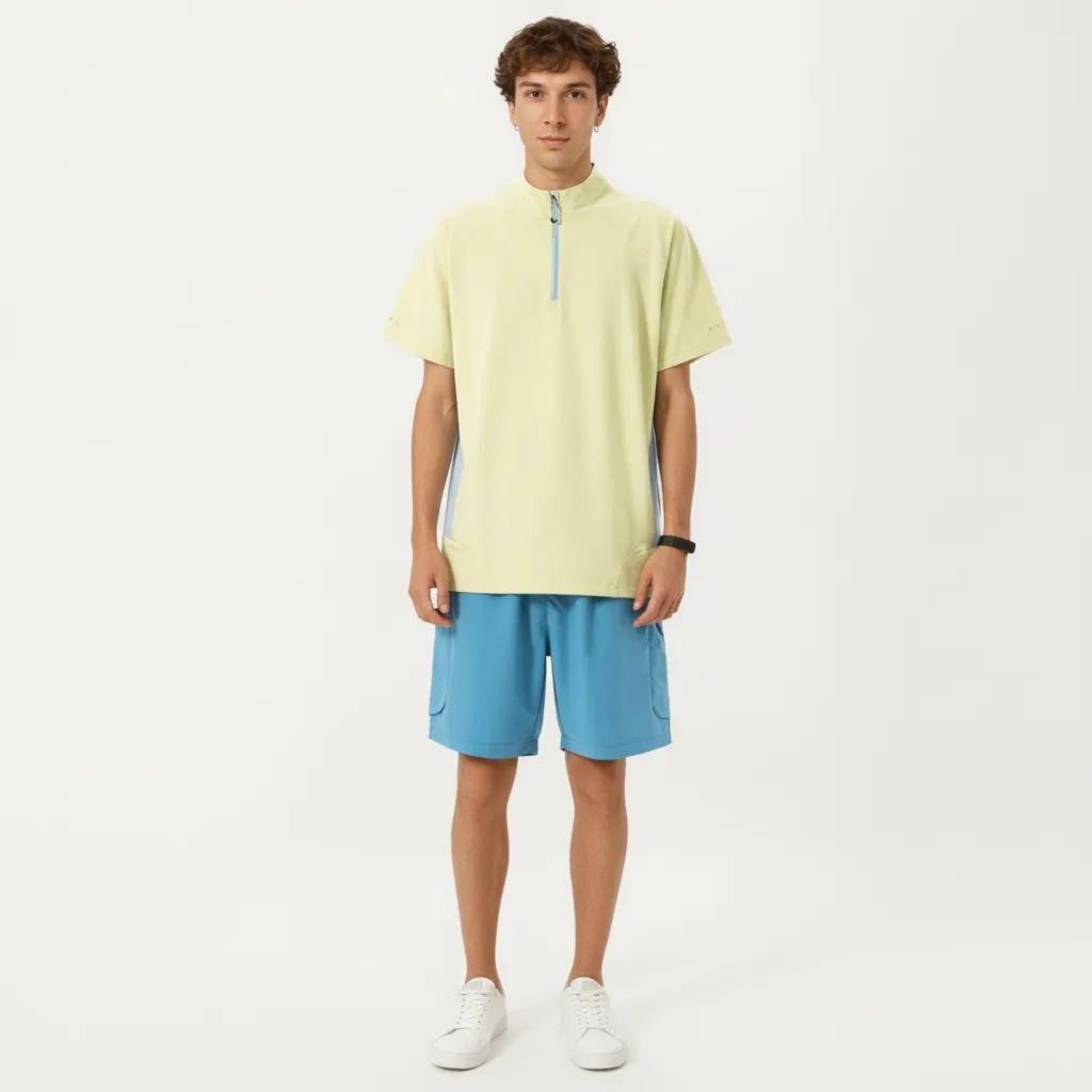 Anna-Kaci Men's Short Sleeve Athletic T-Shirt with Half Zip Mock Neck Contrast Panels Breathable Lightweight