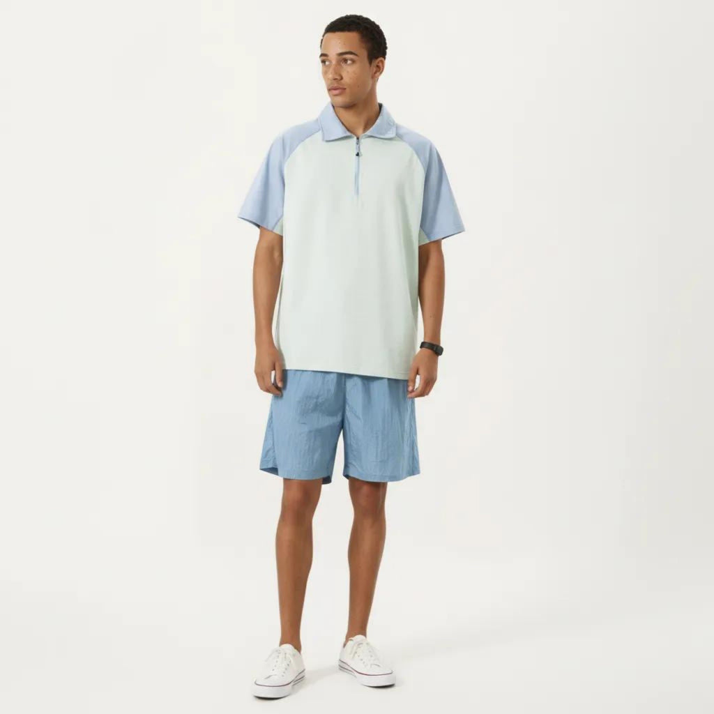 Anna-Kaci Men's Short Sleeve Athletic Polo Shirt with Zip Collar Colorblock Panel Design and Relaxed Fit Style