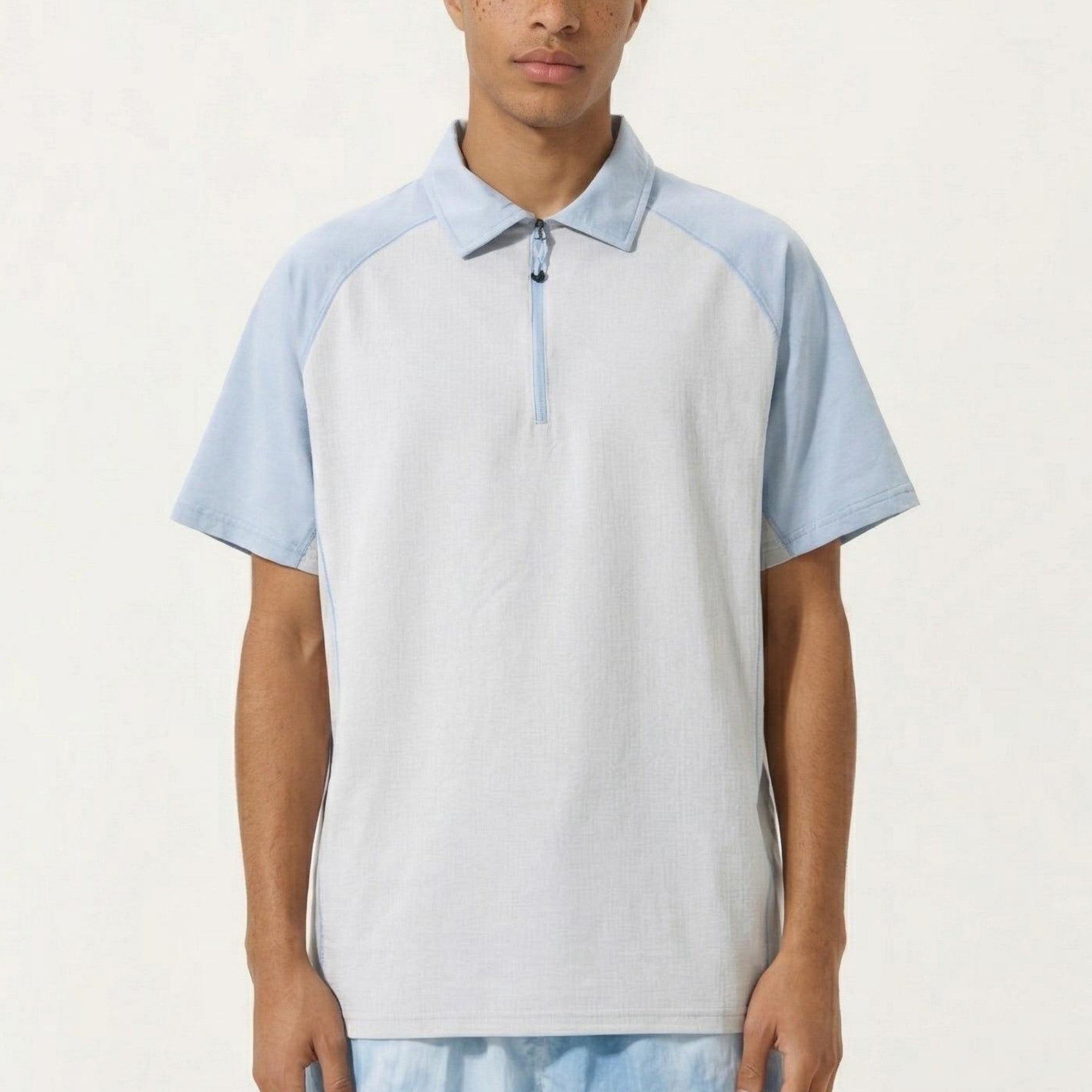 Anna-Kaci Men's Short Sleeve Athletic Polo Shirt with Zip Collar Colorblock Panel Design and Relaxed Fit Style