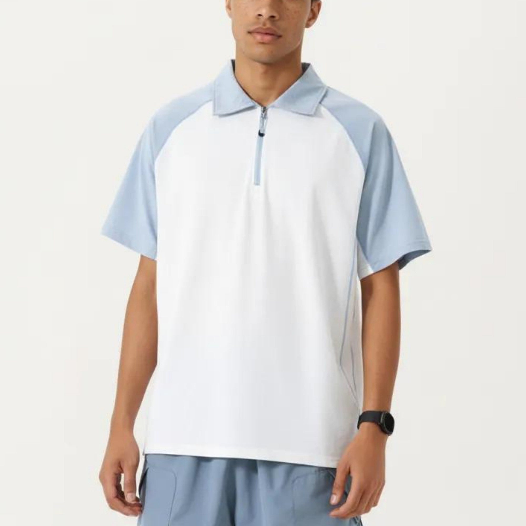 Anna-Kaci Men's Short Sleeve Athletic Polo Shirt with Zip Collar Colorblock Panel Design and Relaxed Fit Style