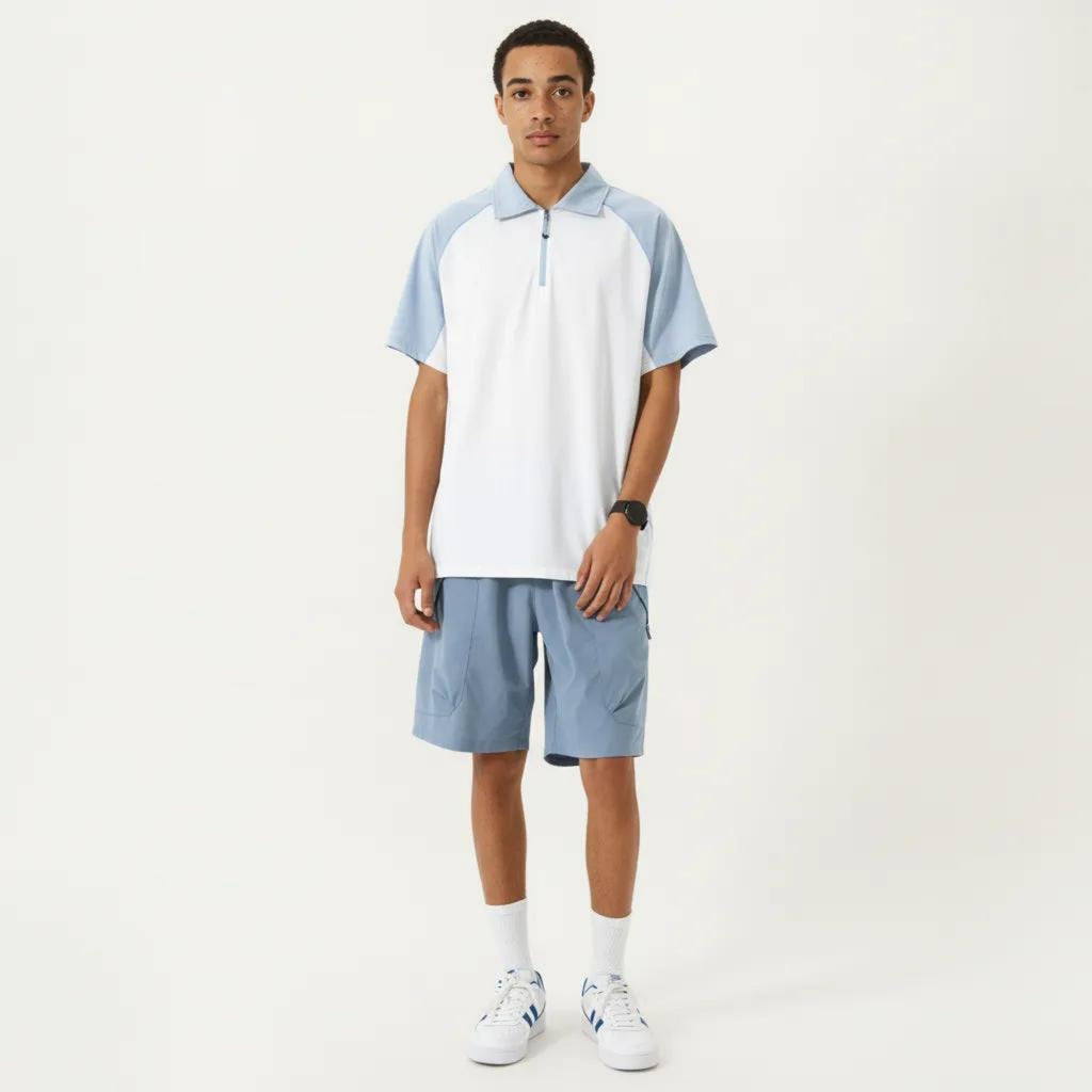 Anna-Kaci Men's Short Sleeve Athletic Polo Shirt with Zip Collar Colorblock Panel Design and Relaxed Fit Style