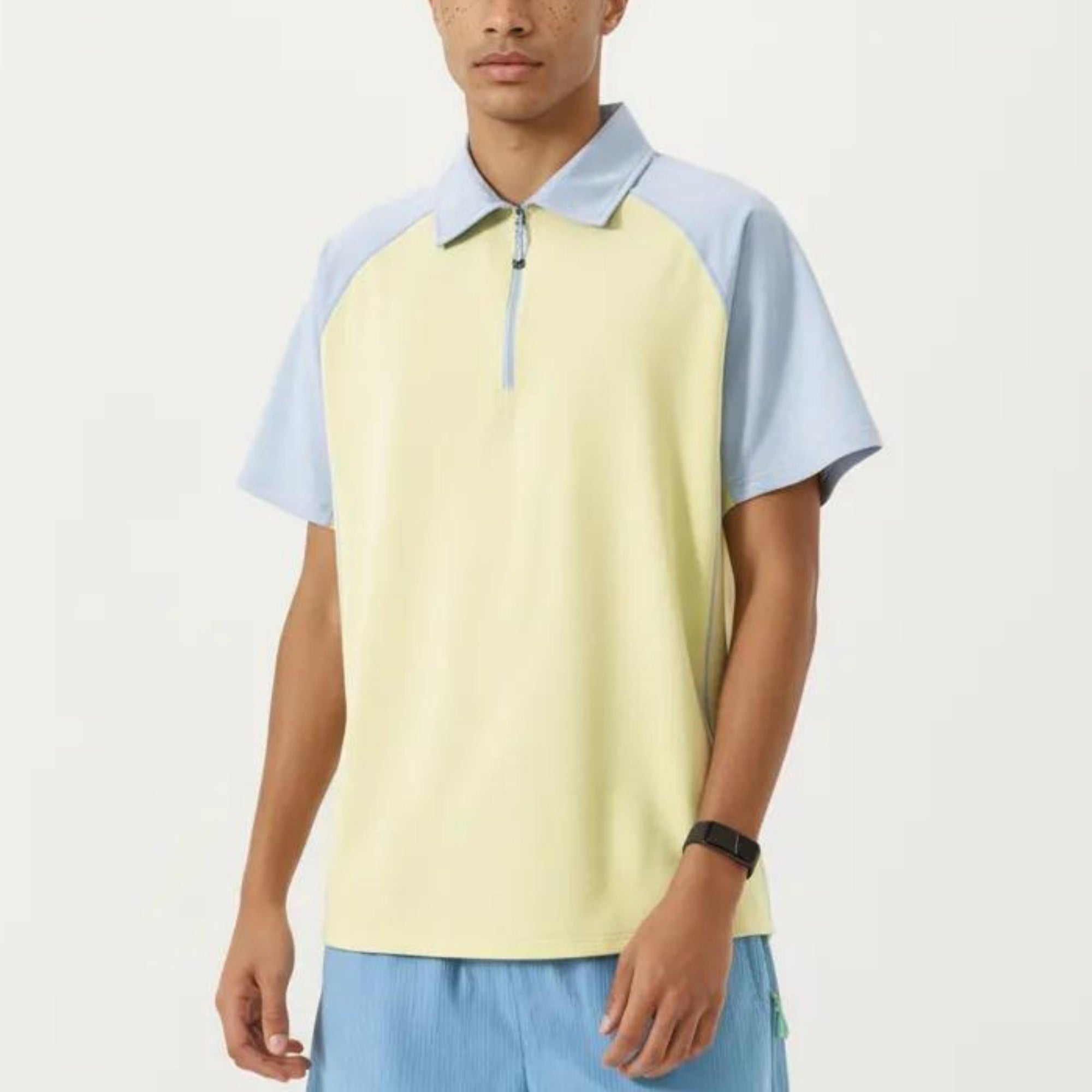 Anna-Kaci Men's Short Sleeve Athletic Polo Shirt with Zip Collar Colorblock Panel Design and Relaxed Fit Style