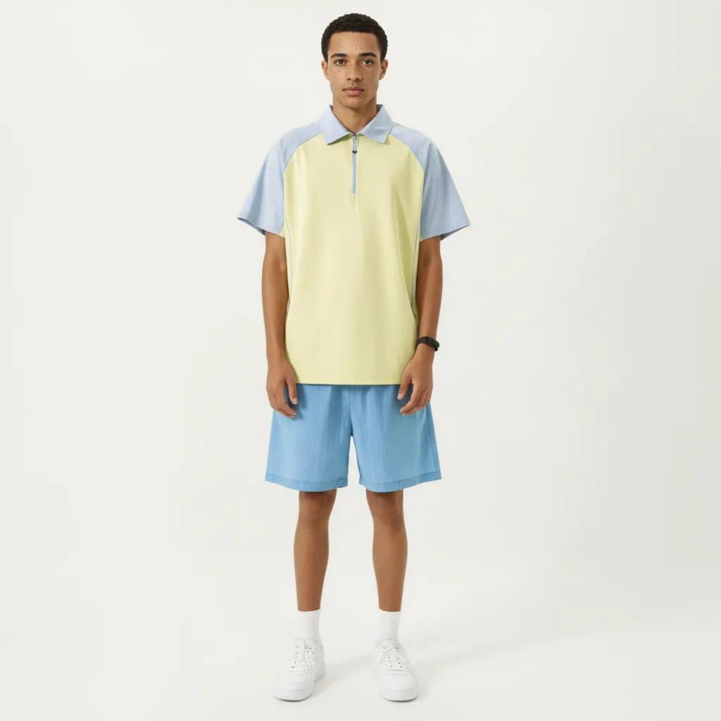 Anna-Kaci Men's Short Sleeve Athletic Polo Shirt with Zip Collar Colorblock Panel Design and Relaxed Fit Style
