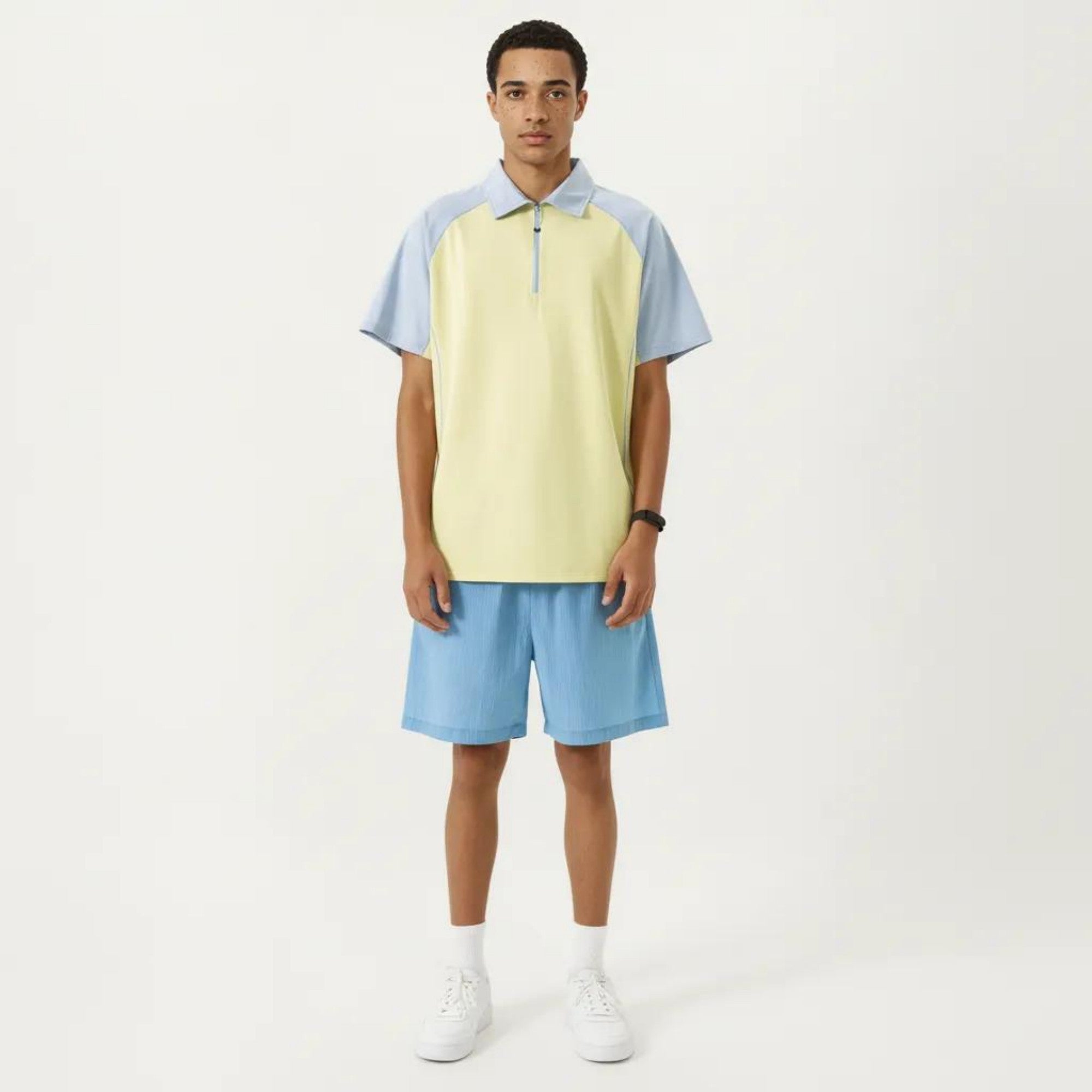 Anna-Kaci Men's Short Sleeve Athletic Polo Shirt with Zip Collar Colorblock Panel Design and Relaxed Fit Style