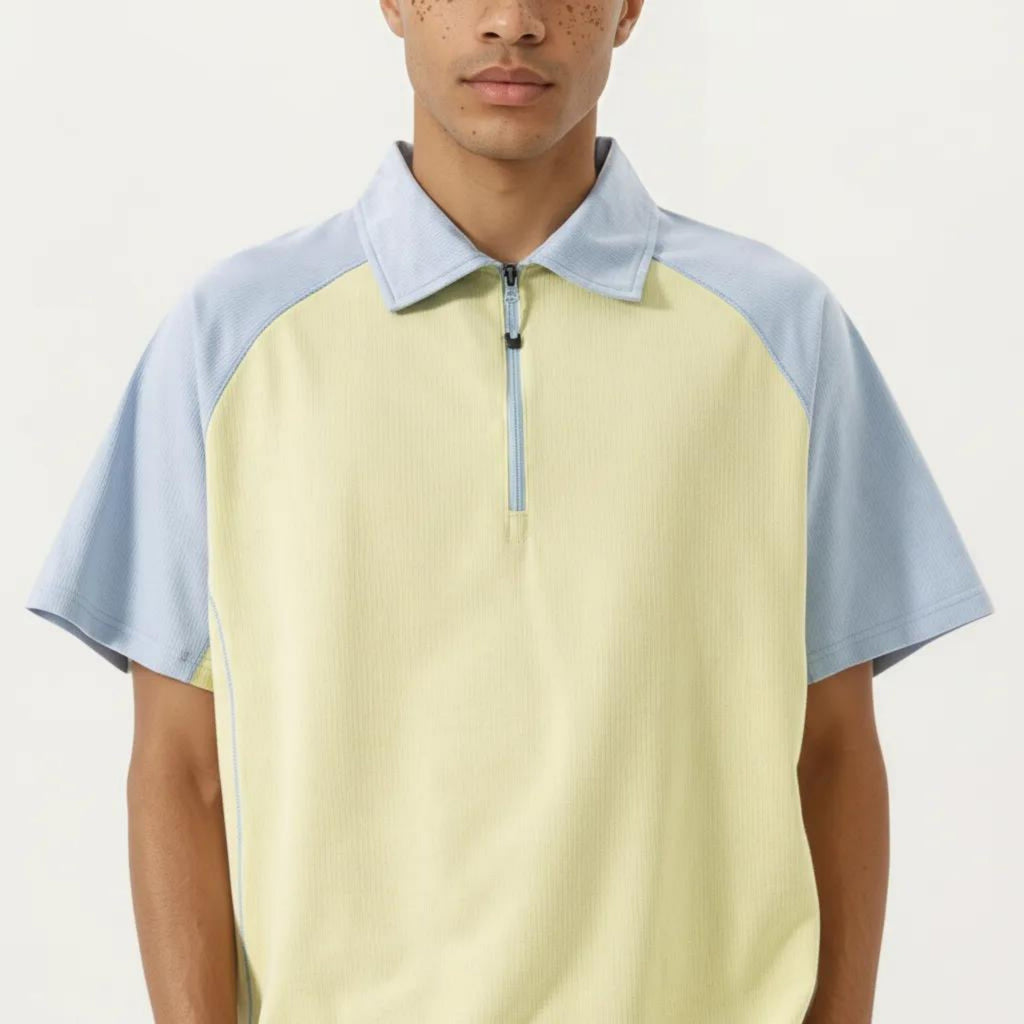 Anna-Kaci Men's Short Sleeve Athletic Polo Shirt with Zip Collar Colorblock Panel Design and Relaxed Fit Style