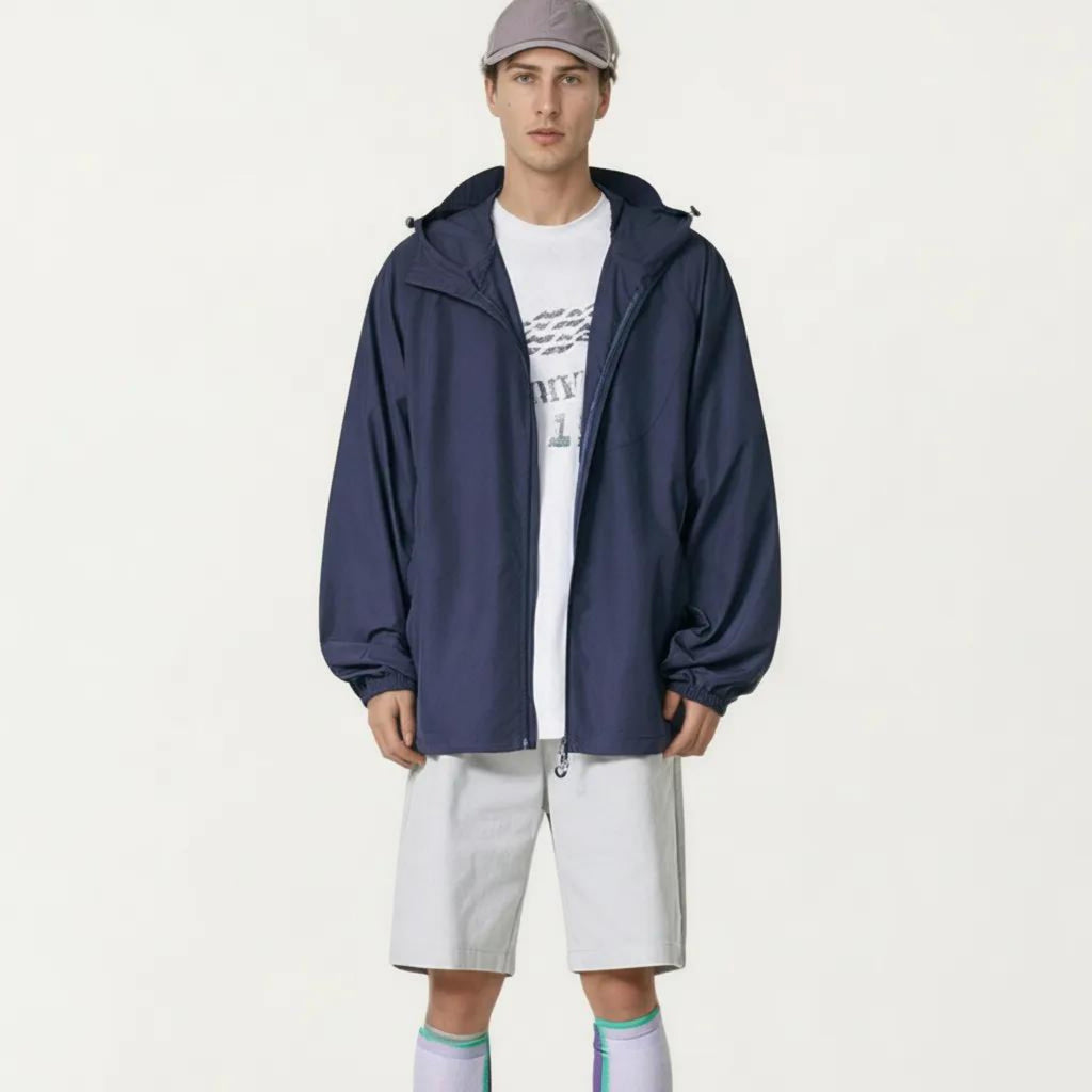 Anna-Kaci Men's Lightweight Windbreaker Jacket with Hood Full Zip Closure Panel Detail and Elastic Cuff Design