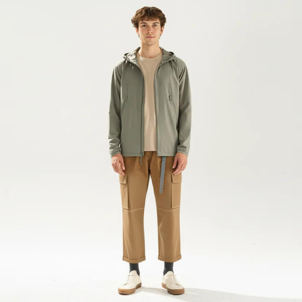 Anna-Kaci Men's Lightweight Windbreaker Jacket with Hood Full Zip Closure Zipper Pocket Detail and Relaxed Fit