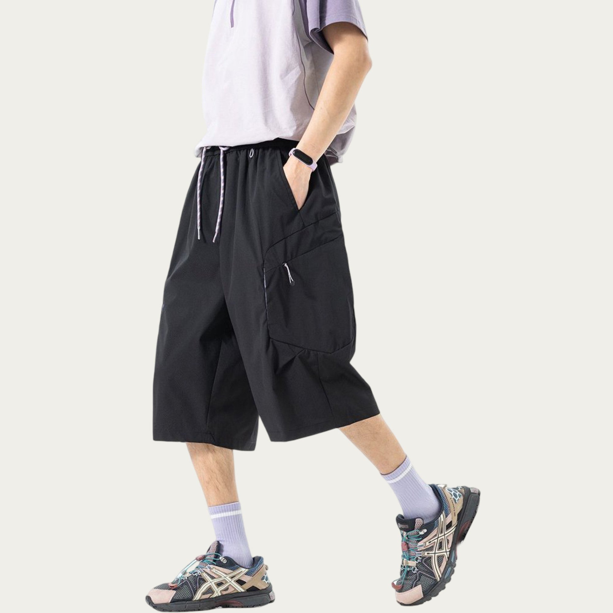 Anna-Kaci Men's Longline Athletic Shorts with Elastic Drawstring Waist Multi Zipper Pocket Design