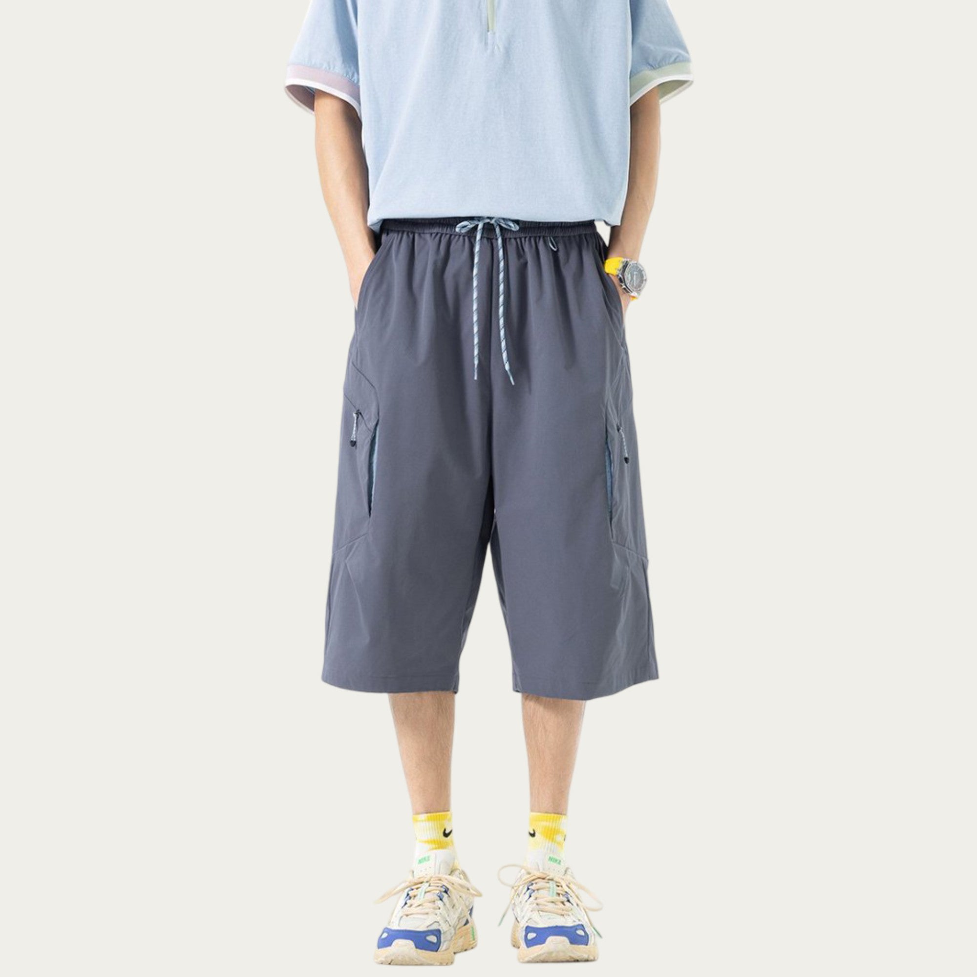 Anna-Kaci Men's Longline Athletic Shorts with Elastic Drawstring Waist Multi Zipper Pocket Design