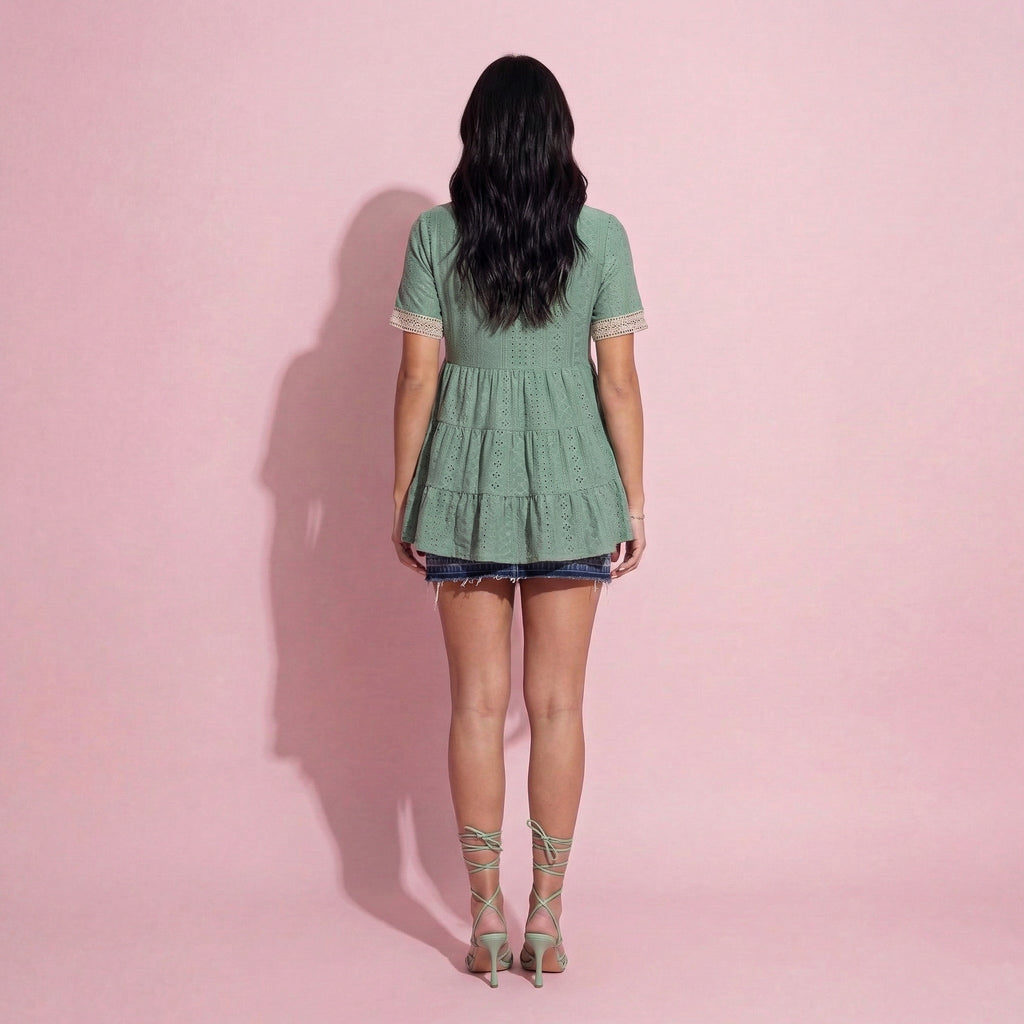 Crochet Trim Tiered Eyelet Top