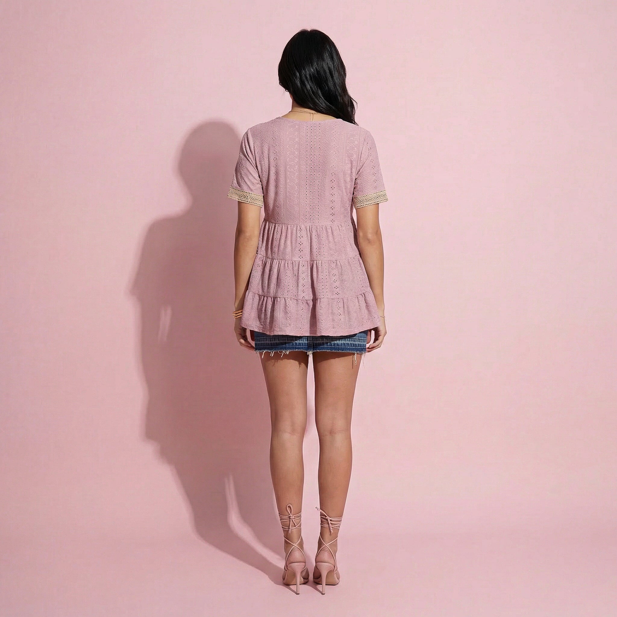 Crochet Trim Tiered Eyelet Top