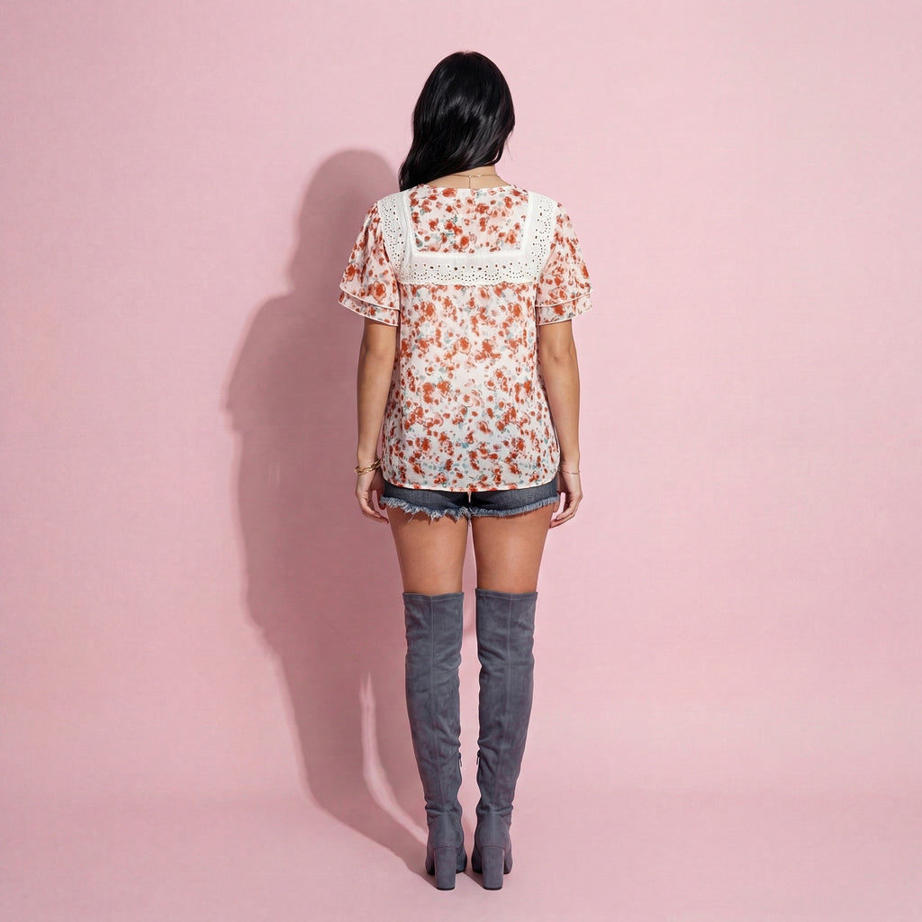 Contrast Lace Trim Mock Neck Printed Blouse