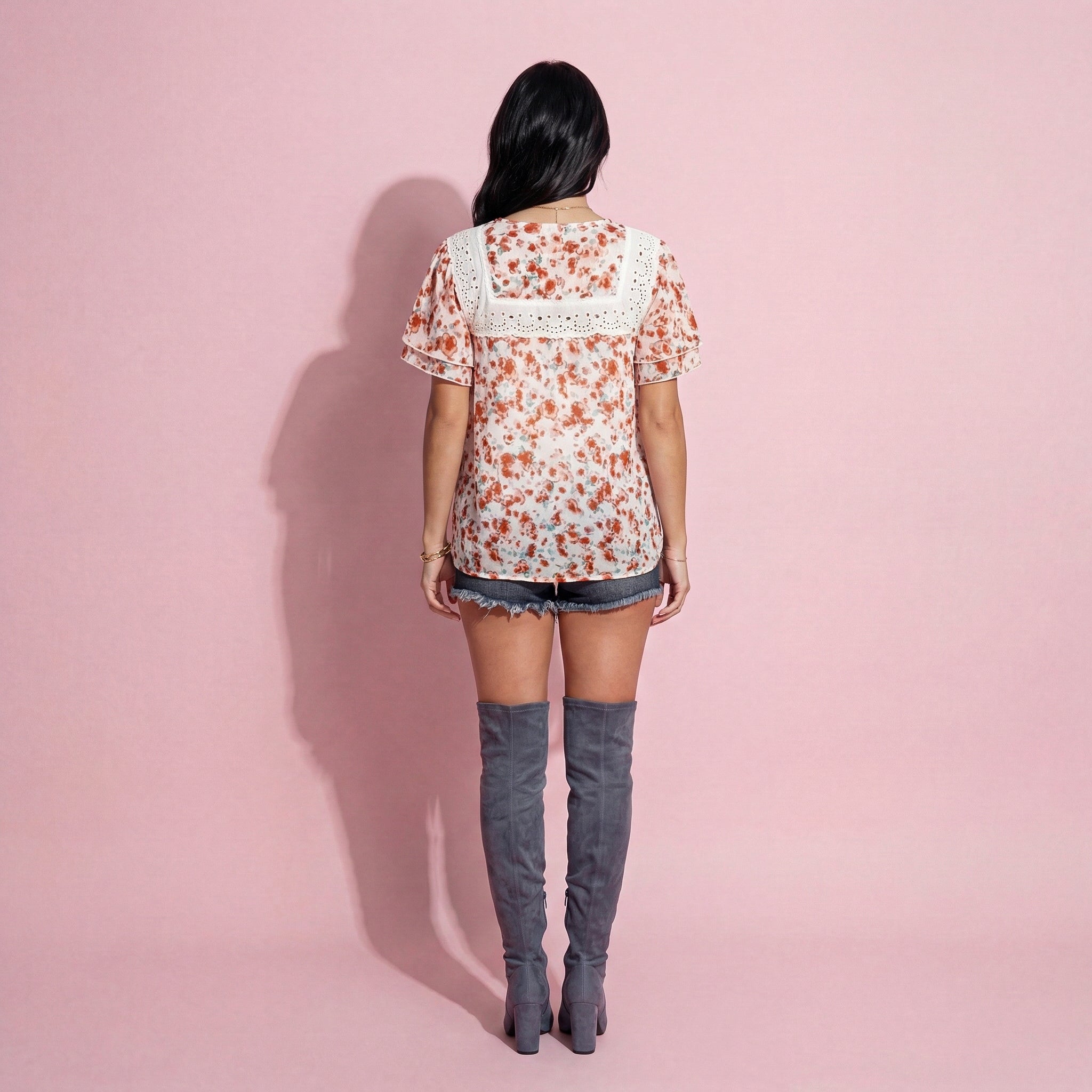 Contrast Lace Trim Mock Neck Printed Blouse