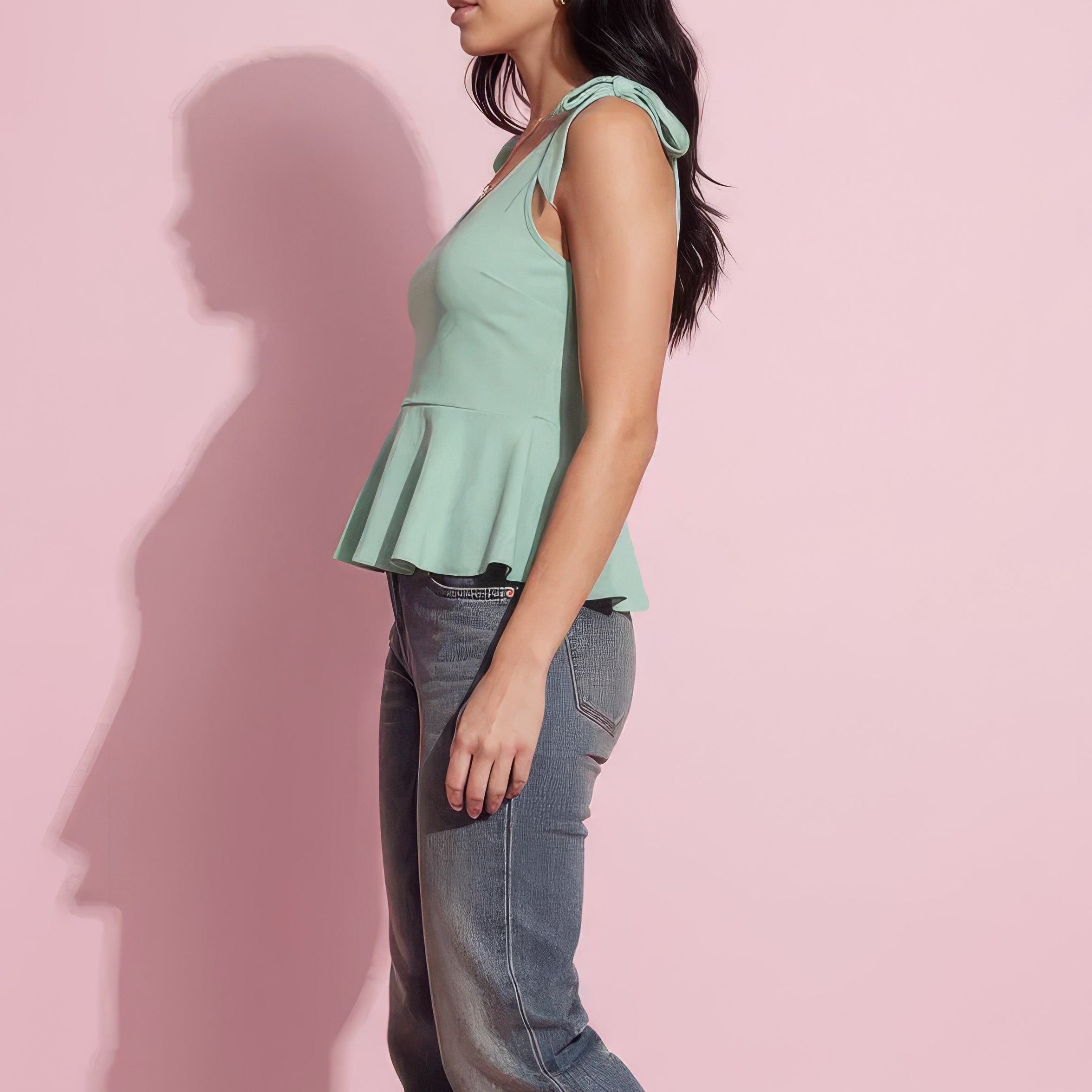 Sleeveless Peplum Top with Bow Shoulder Ties