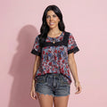 Contrast Lace Trim Mock Neck Printed Blouse