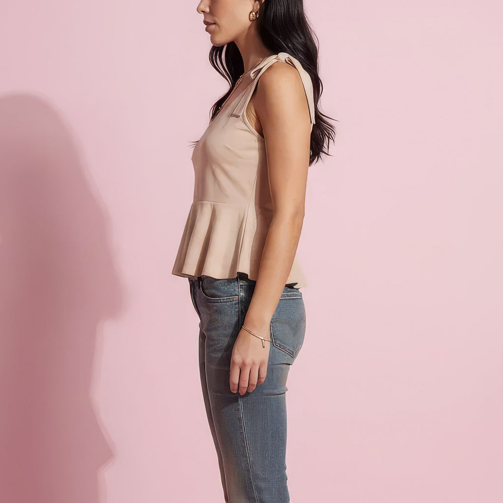 Sleeveless Peplum Top with Bow Shoulder Ties