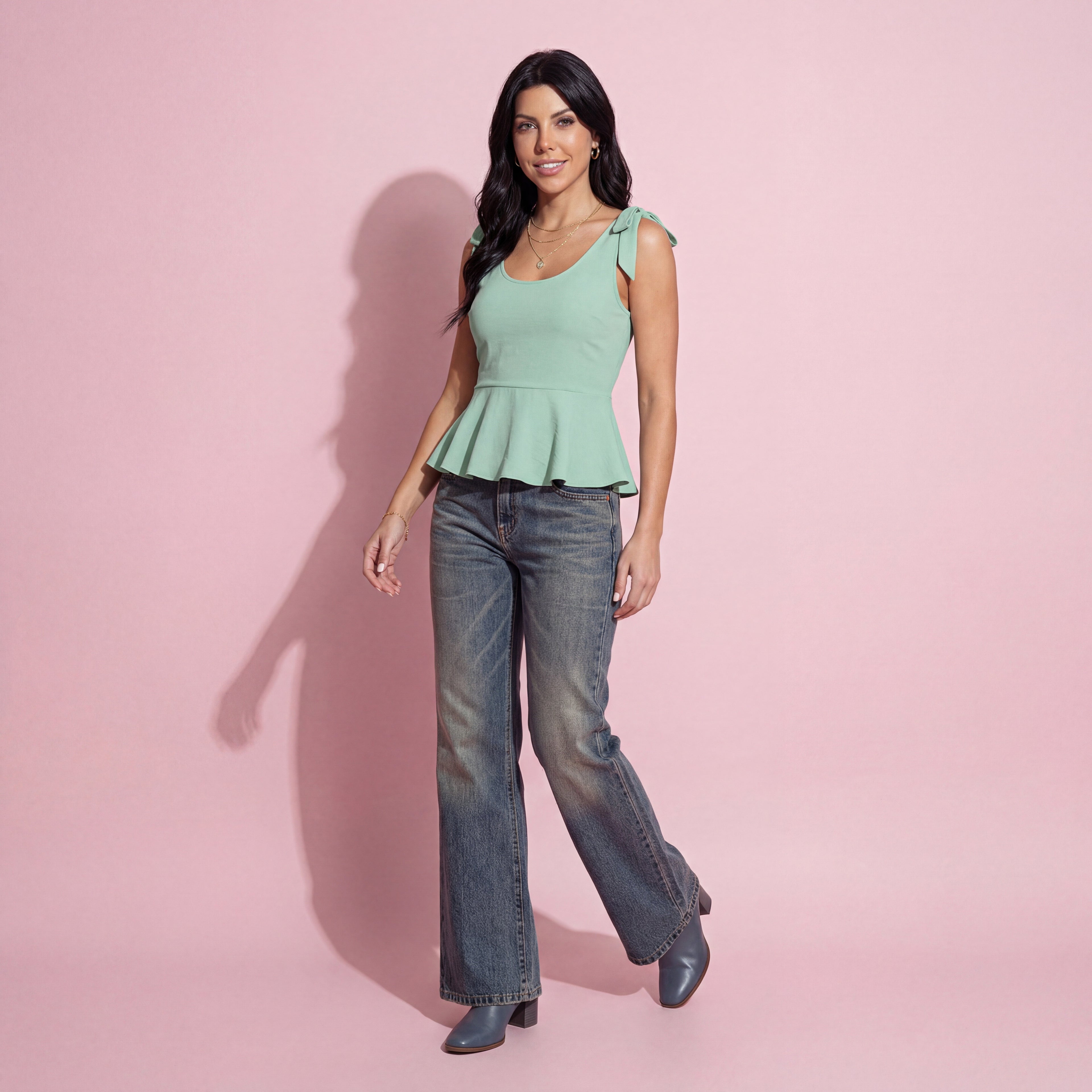 Sleeveless Peplum Top with Bow Shoulder Ties