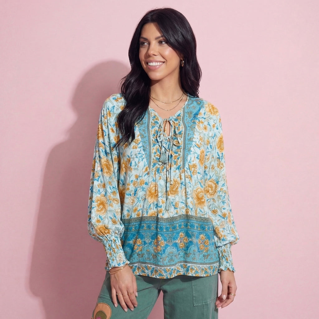 Anna-Kaci Women's Floral Boho Peasant Blouse with Long Sleeves and Tassel Tie