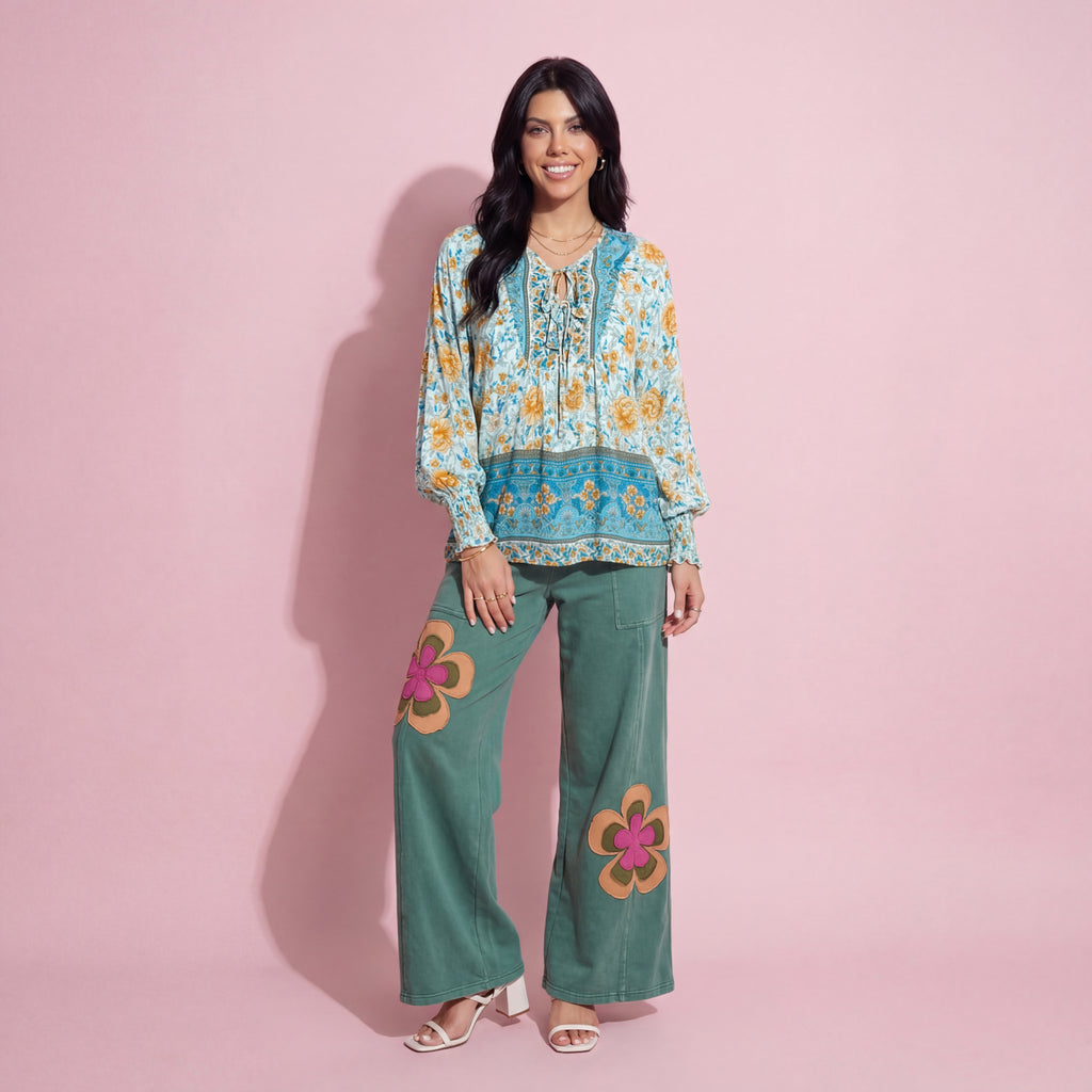 Anna-Kaci Women's Floral Boho Peasant Blouse with Long Sleeves and Tassel Tie