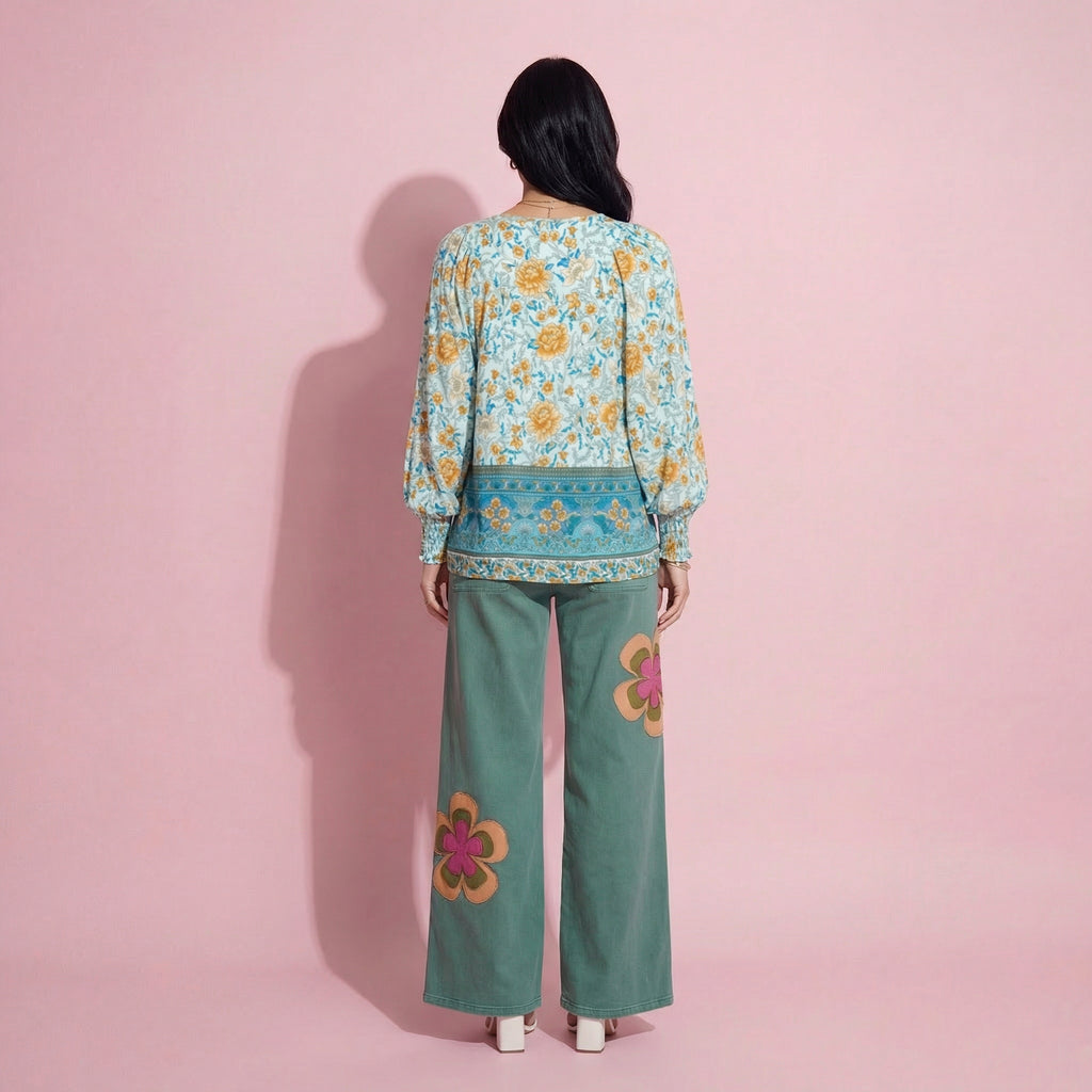 Anna-Kaci Women's Floral Boho Peasant Blouse with Long Sleeves and Tassel Tie