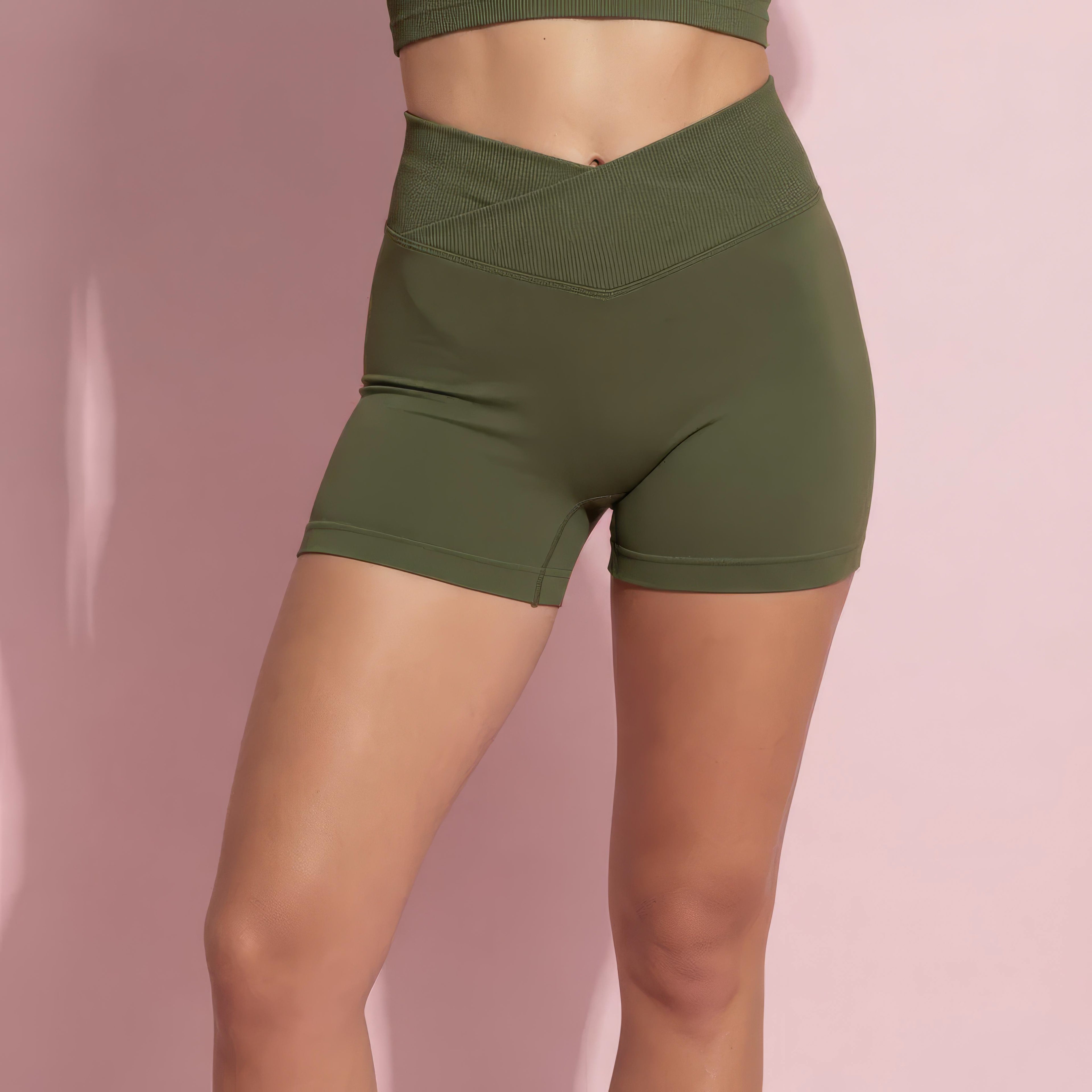 Anna-Kaci Active Women's High Waist Seamless Ribbed Biker Shorts with Crossover Waistband and Compression Fit