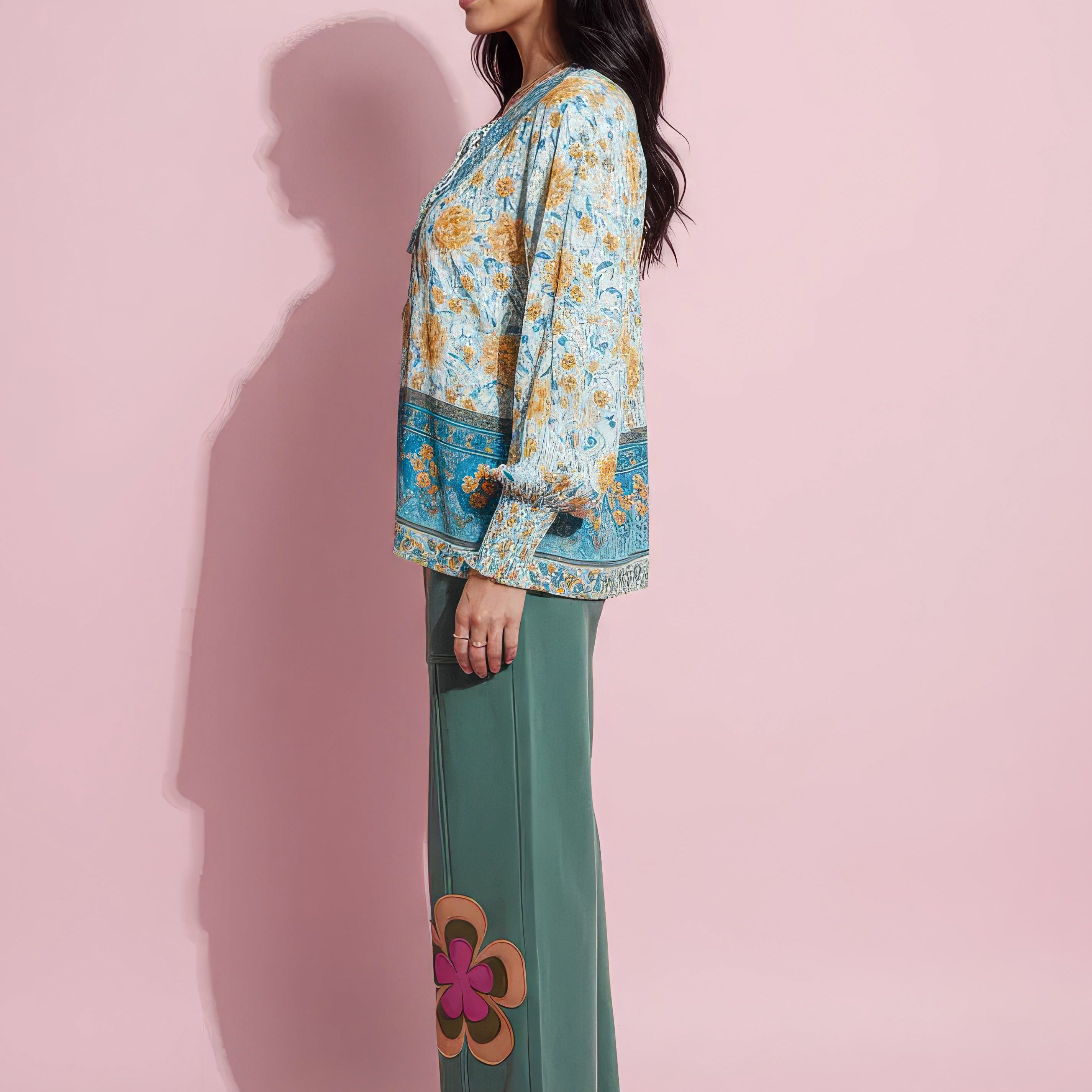 Anna-Kaci Women's Floral Boho Peasant Blouse with Long Sleeves and Tassel Tie