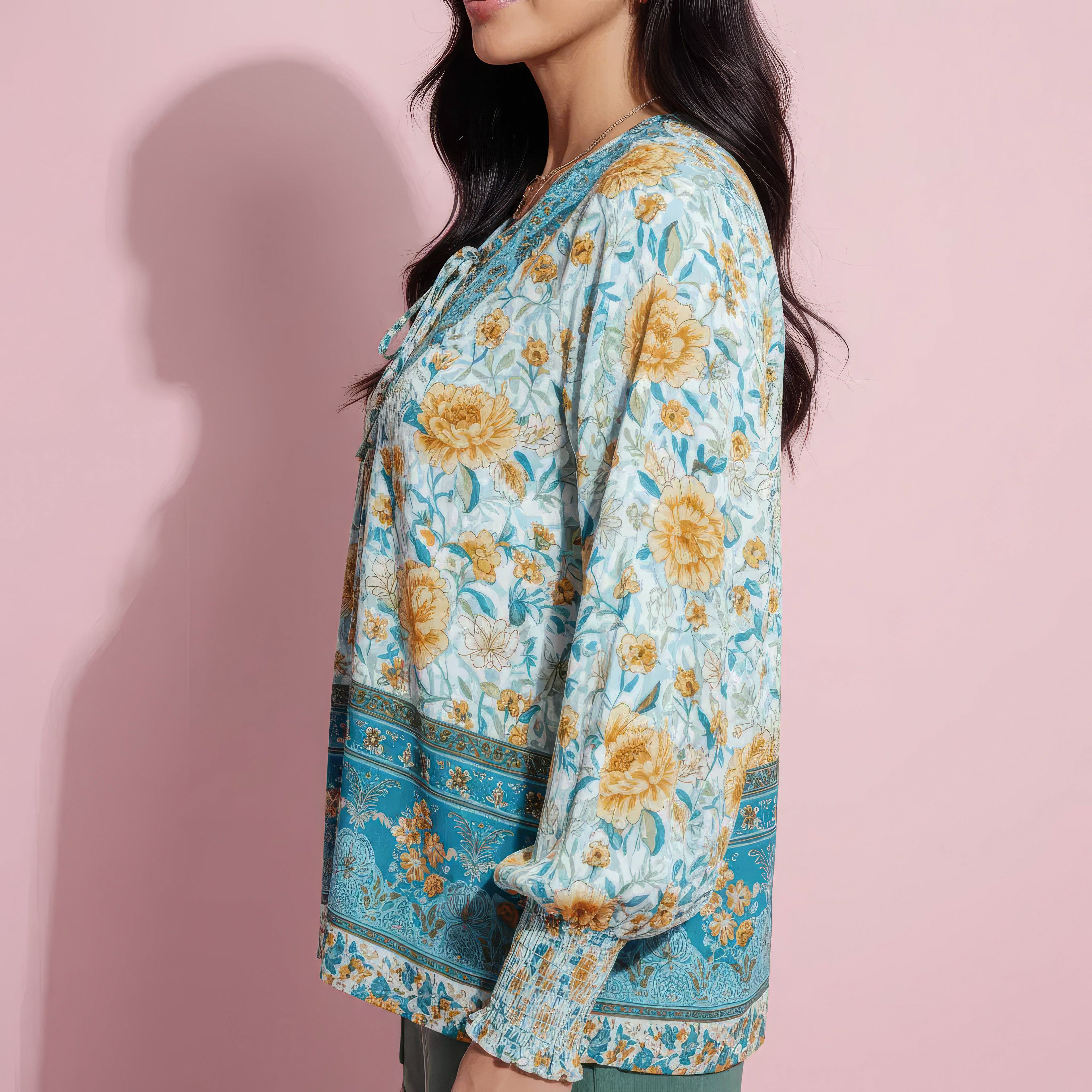 Anna-Kaci Women's Floral Boho Peasant Blouse with Long Sleeves and Tassel Tie