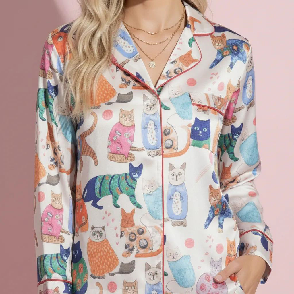 Anna-Kaci Lounge Women's 2-Piece Set Long Sleeve Button Front Pajama Set with Cat Print and Soft Silky Fabric for Relaxed Comfort
