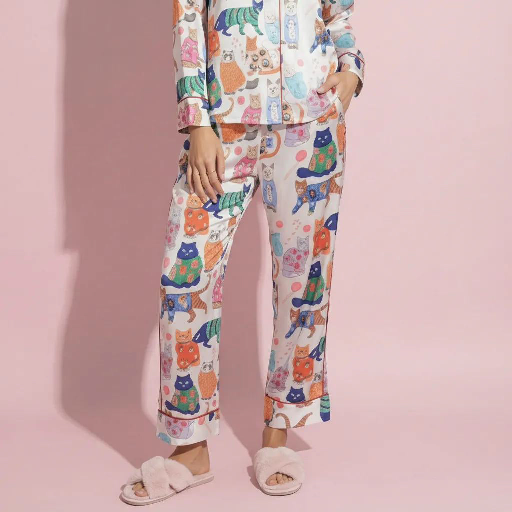 Anna-Kaci Lounge Women's 2-Piece Set Long Sleeve Button Front Pajama Set with Cat Print and Soft Silky Fabric for Relaxed Comfort