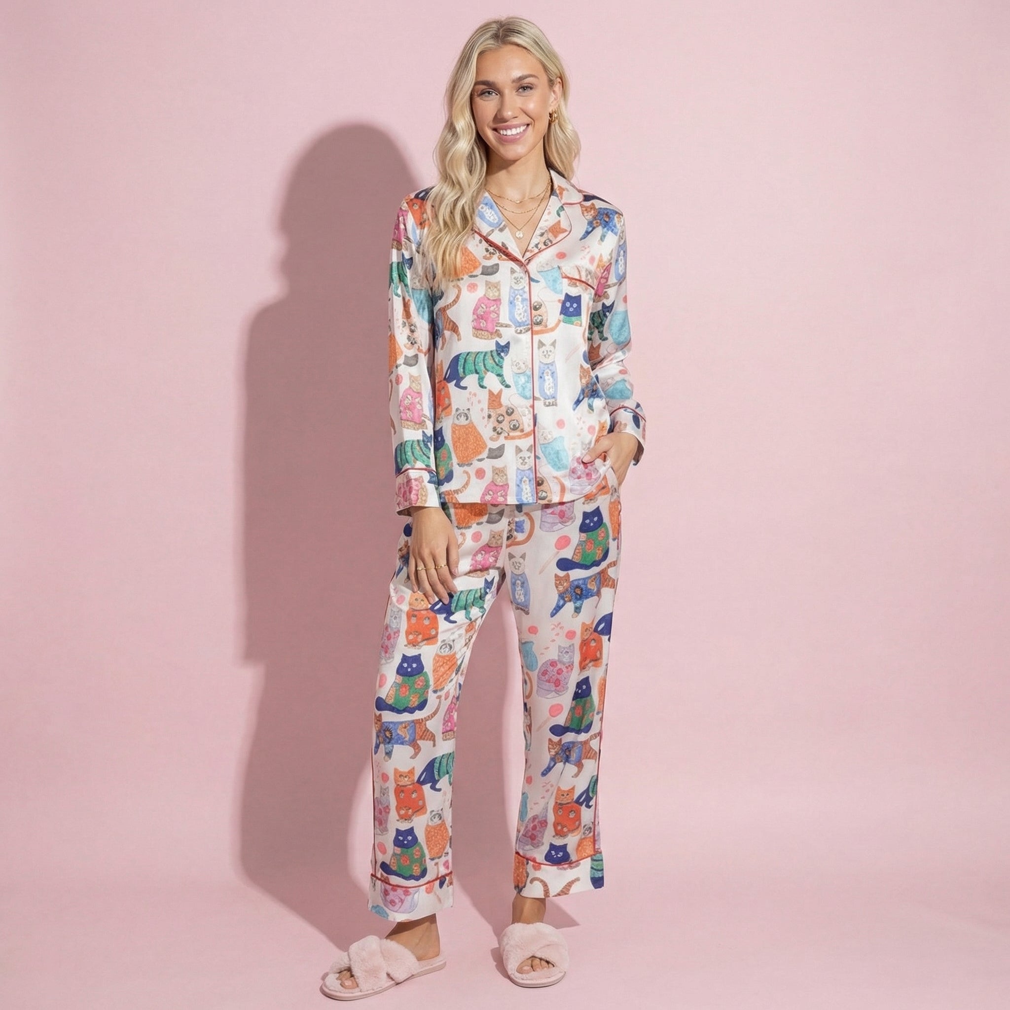 Anna-Kaci Lounge Women's 2-Piece Set Long Sleeve Button Front Pajama Set with Cat Print and Soft Silky Fabric for Relaxed Comfort